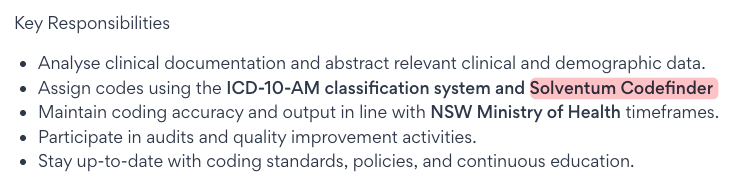 Australian Seek job listing requiring Solventum Codefinder clinical coding software experience