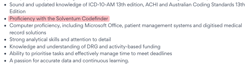 Australian Seek job listing requiring 3M Codefinder encoder software for clinical coder role
