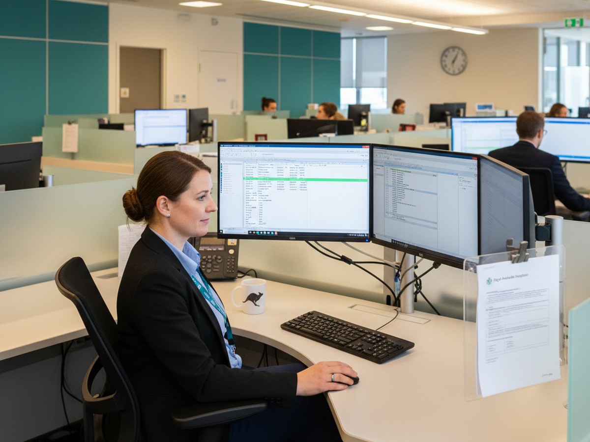 day-life-clinical-coder-hospital Clinical coder reviewing discharge summaries at her workstation, with multiple monitors showing electronic health records and coding software in a hospital health information management office.