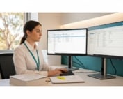 Healthcare professional demonstrating clinical coding skills with medical records and classification references at a hospital workstation