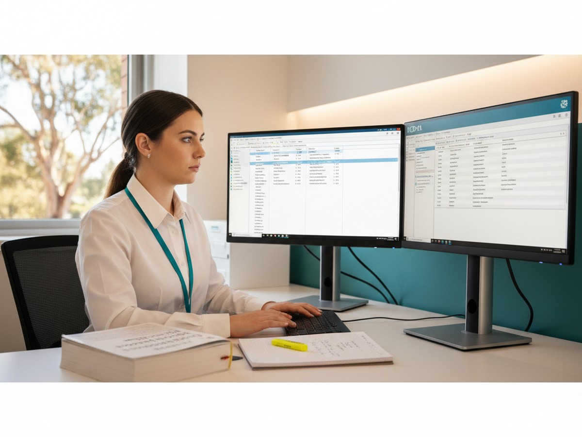 Healthcare professional demonstrating clinical coding skills with medical records and classification references at a hospital workstation