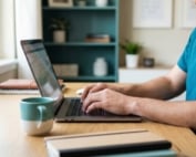 Healthcare professional typing on a laptop at a home office desk, practising typing speed for medical transcription
