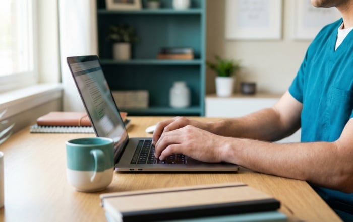 Healthcare professional typing on a laptop at a home office desk, practising typing speed for medical transcription