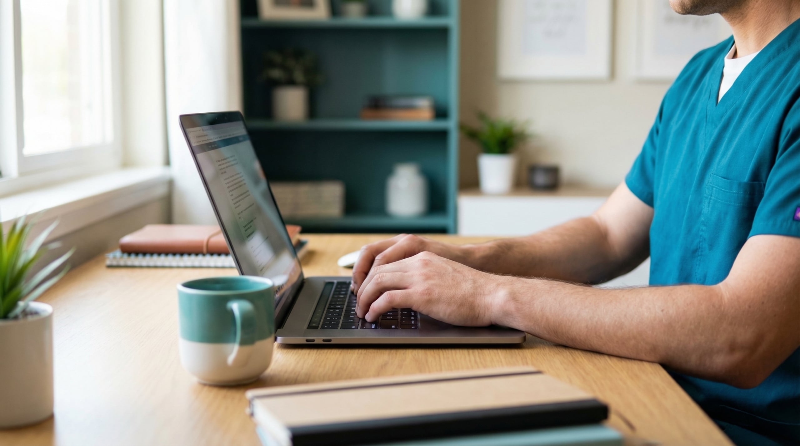 Healthcare professional typing on a laptop at a home office desk, practising typing speed for medical transcription