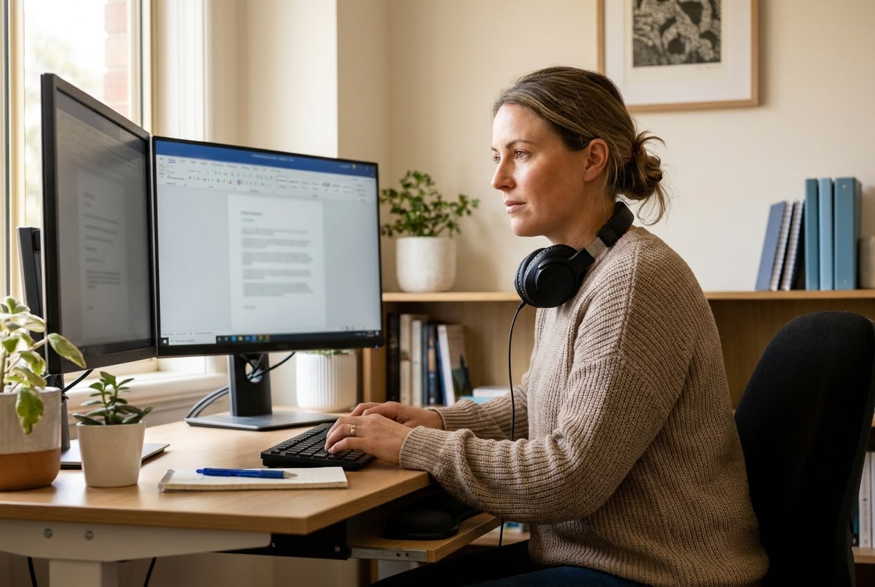 A healthcare documentation specialist working from a quiet Australian home office