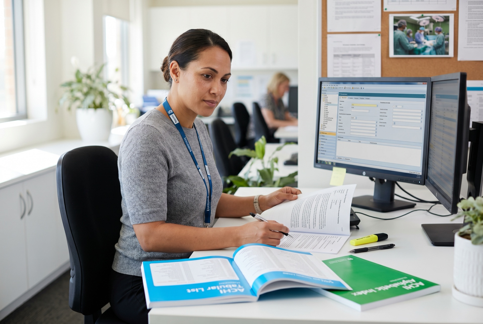 ACHI explained: the Australian procedure classification Clinical coder coding a procedure using the open ACHI Tabular List (blue) and ACHI Alphabetic Index (green) paperback workbooks