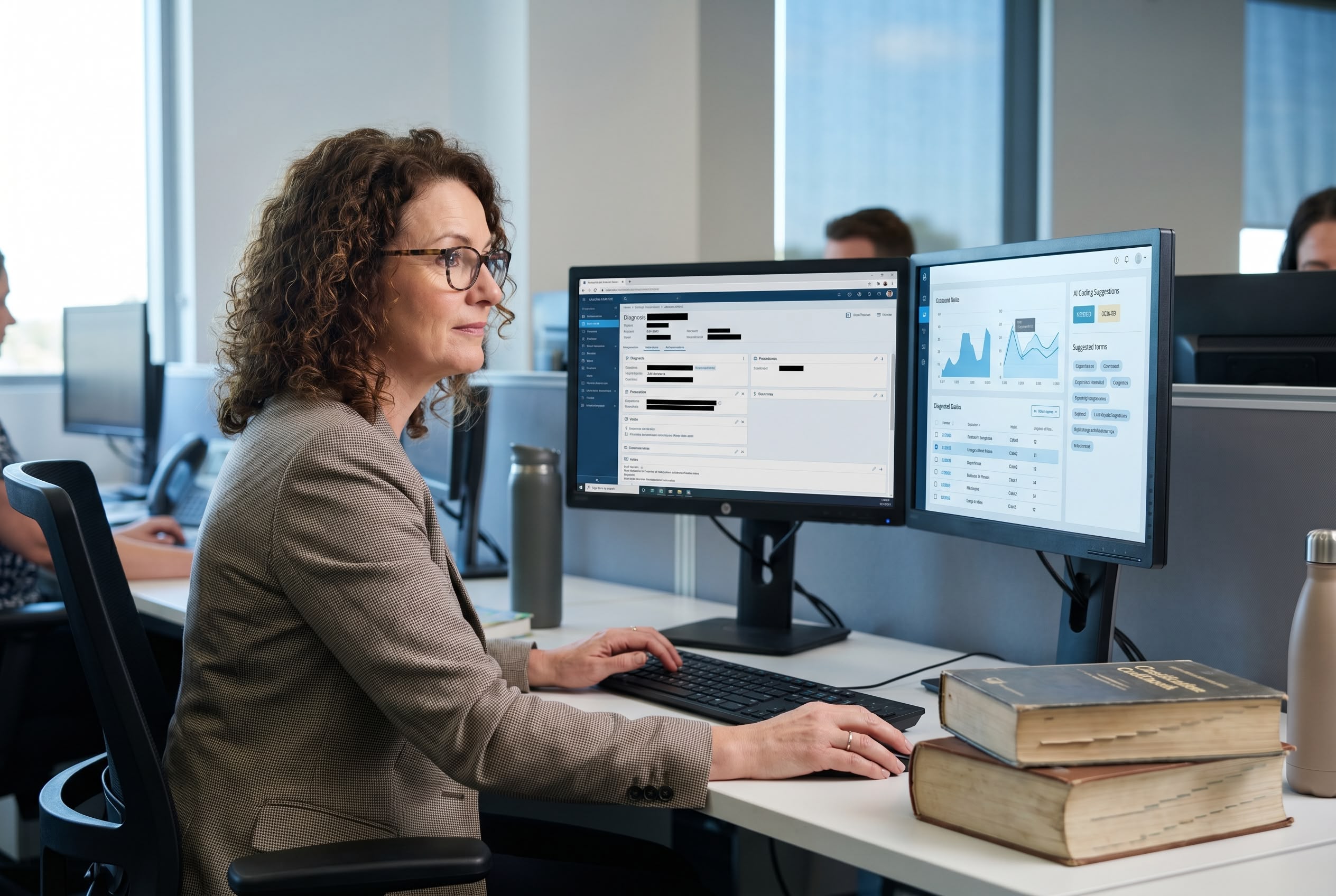 AI clinical coding hero An Australian clinical coder working alongside AI-assisted encoder software on a dual-monitor workstation, exercising professional judgement on suggested codes.