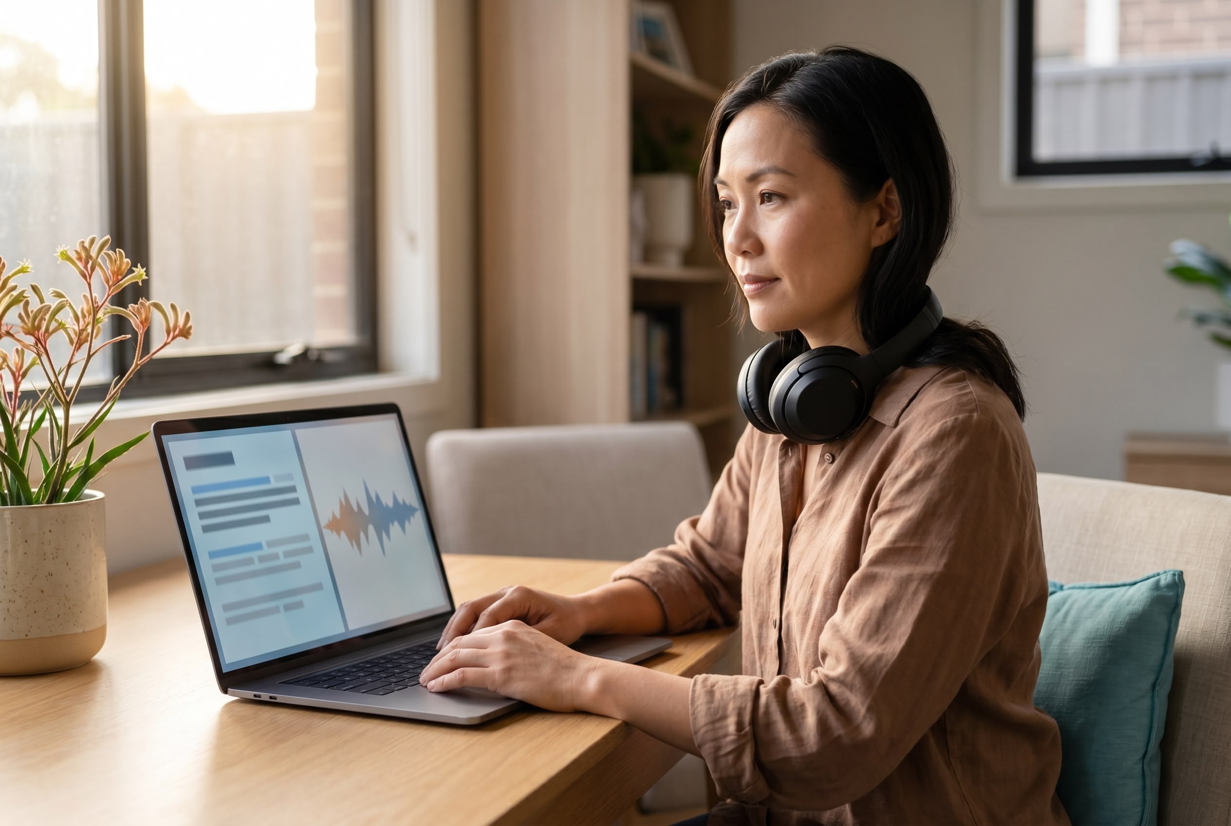 AI in medical transcription Australia 2026 hero Australian medical transcriptionist reviewing an AI-generated medical transcript on a laptop in a quiet home office, illustrating the AI-edit workflow that defines the modern profession in 2026