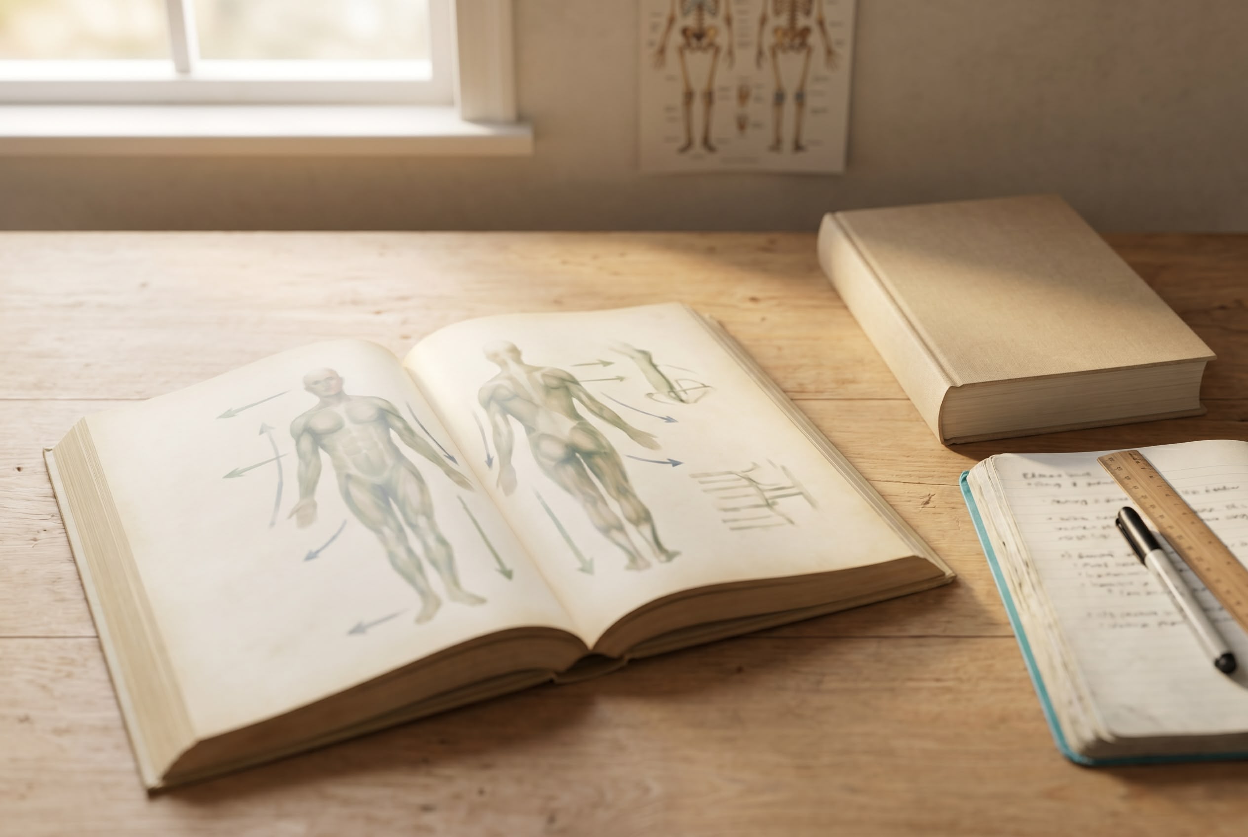 Australian healthcare student's study desk with an open anatomy atlas softly displaying body anatomical-position diagrams, a small skeletal poster blurred behind, textbook, notebook, marker and ruler in warm afternoon light