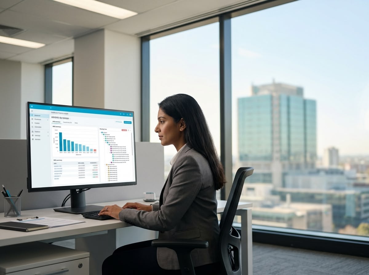 AR-DRG Explained hero Healthcare finance analyst reviewing hospital activity data in a modern Australian casemix office, illustrating how AR-DRG classifications link clinical coding to hospital funding