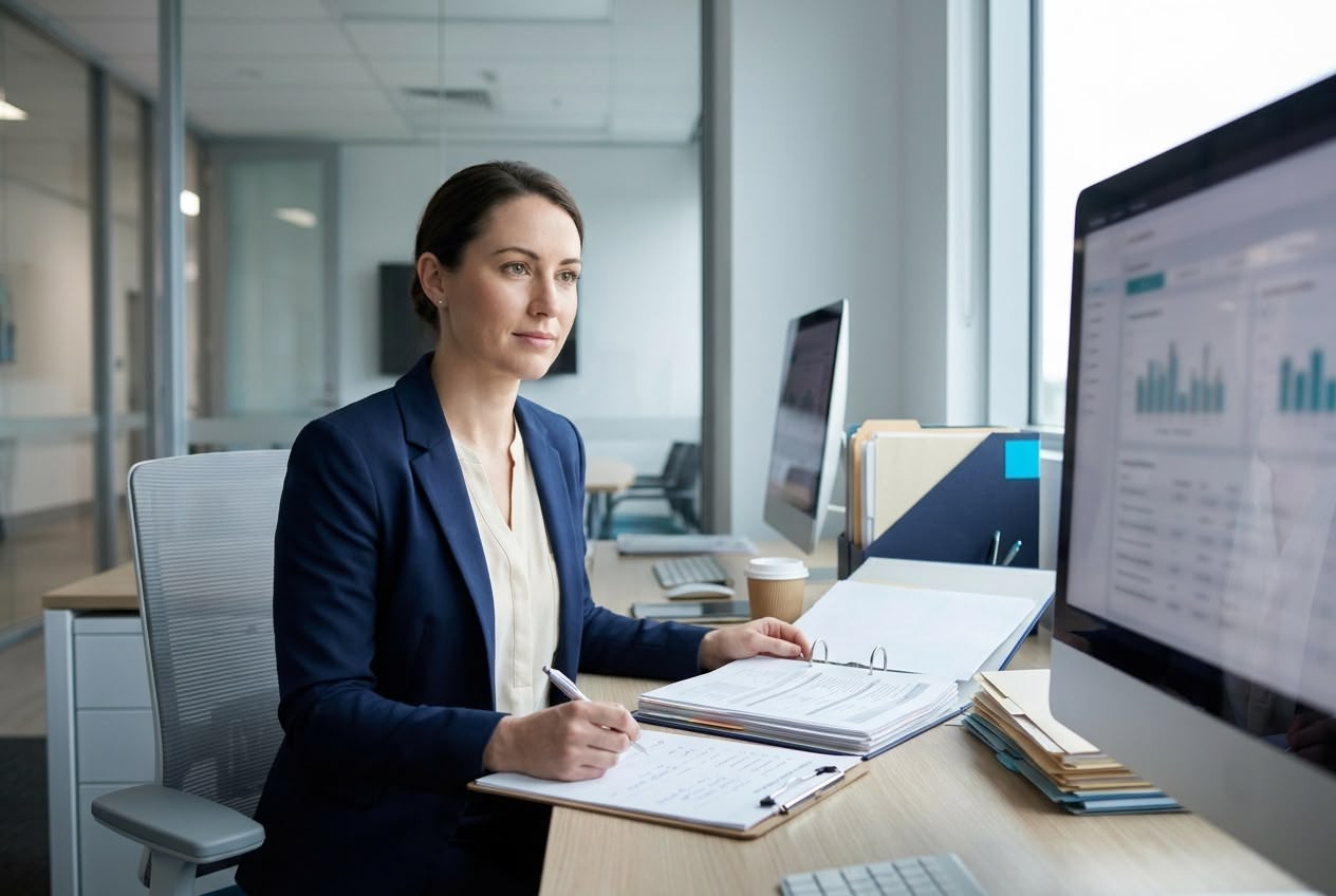 Healthcare quality auditor reviewing audit documentation in an Australian hospital governance office
