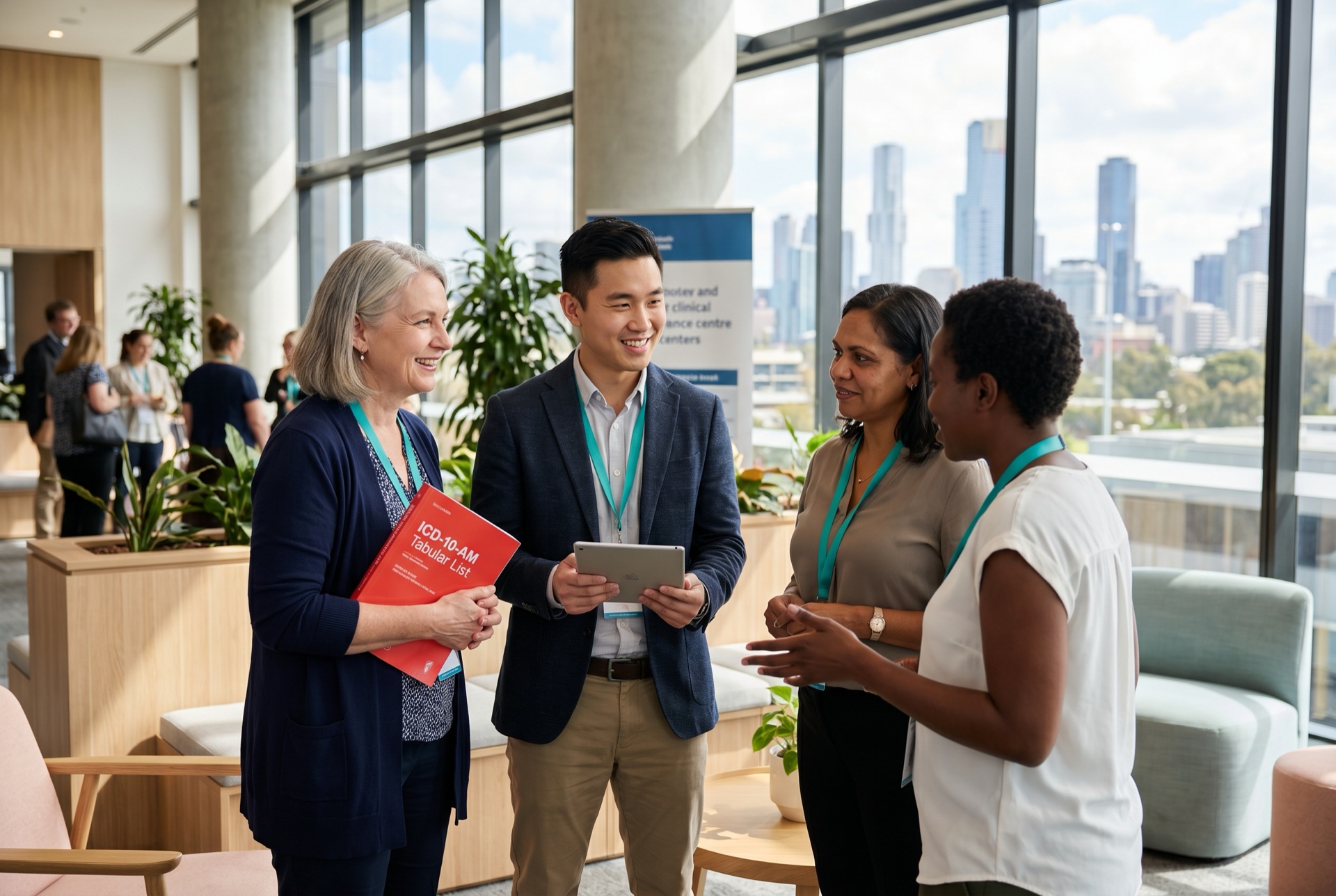 Australian clinical coding professionals networking at a CCSA professional development gathering, with one carrying the ICD-10-AM Tabular List paperback