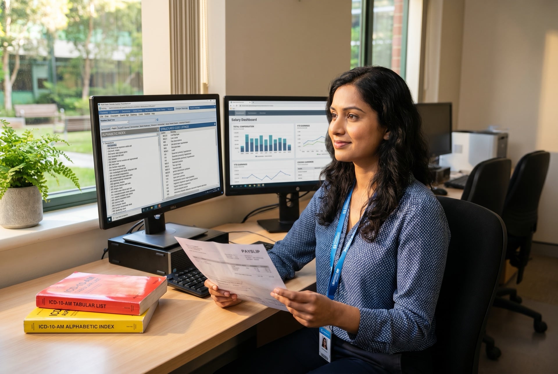 Clinical coder salary Australia 2026 Australian clinical coder reviewing salary data on dual monitors with classification workbooks on desk