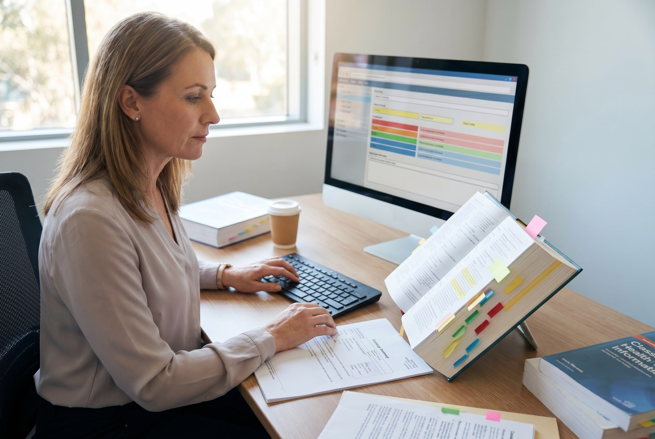 Clinical coder skills hero An Australian clinical coder demonstrating professional skill: reading a discharge summary, cross-referencing a tabbed classification book, and using encoder software simultaneously at a hospital workstation.