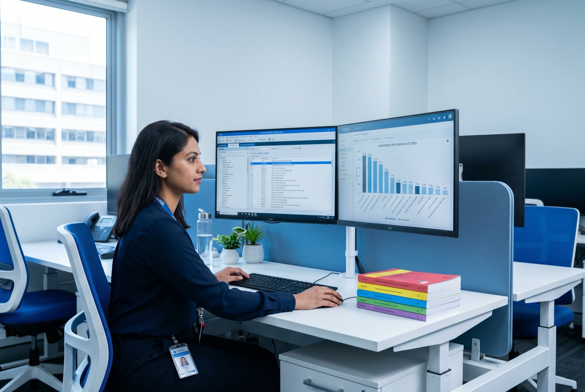Clinical coding and hospital funding: how AR-DRGs drive revenue Clinical coder at hospital coding workstation with the five Australian classification paperback workbooks beside her and a DRG funding analytics dashboard on the second monitor