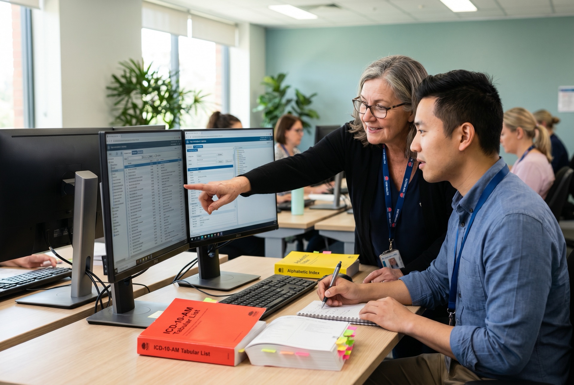Clinical coding career pathway: junior to senior Senior clinical coder mentoring a junior at a shared workstation, with the ICD-10-AM Tabular List and Alphabetic Index paperback workbooks on the desk