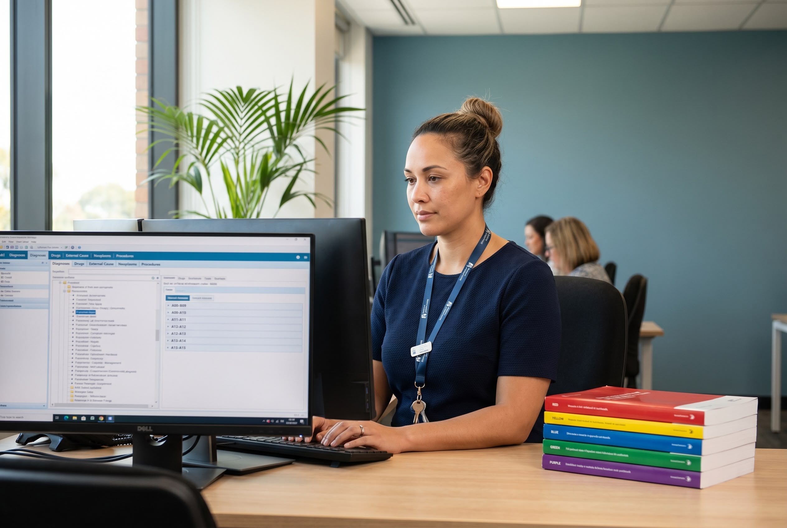 Clinical coding in Australia: complete guide Australian clinical coder reviewing ICD-10-AM and ACHI codes at hospital health information services workstation, with paperback classification workbooks beside her