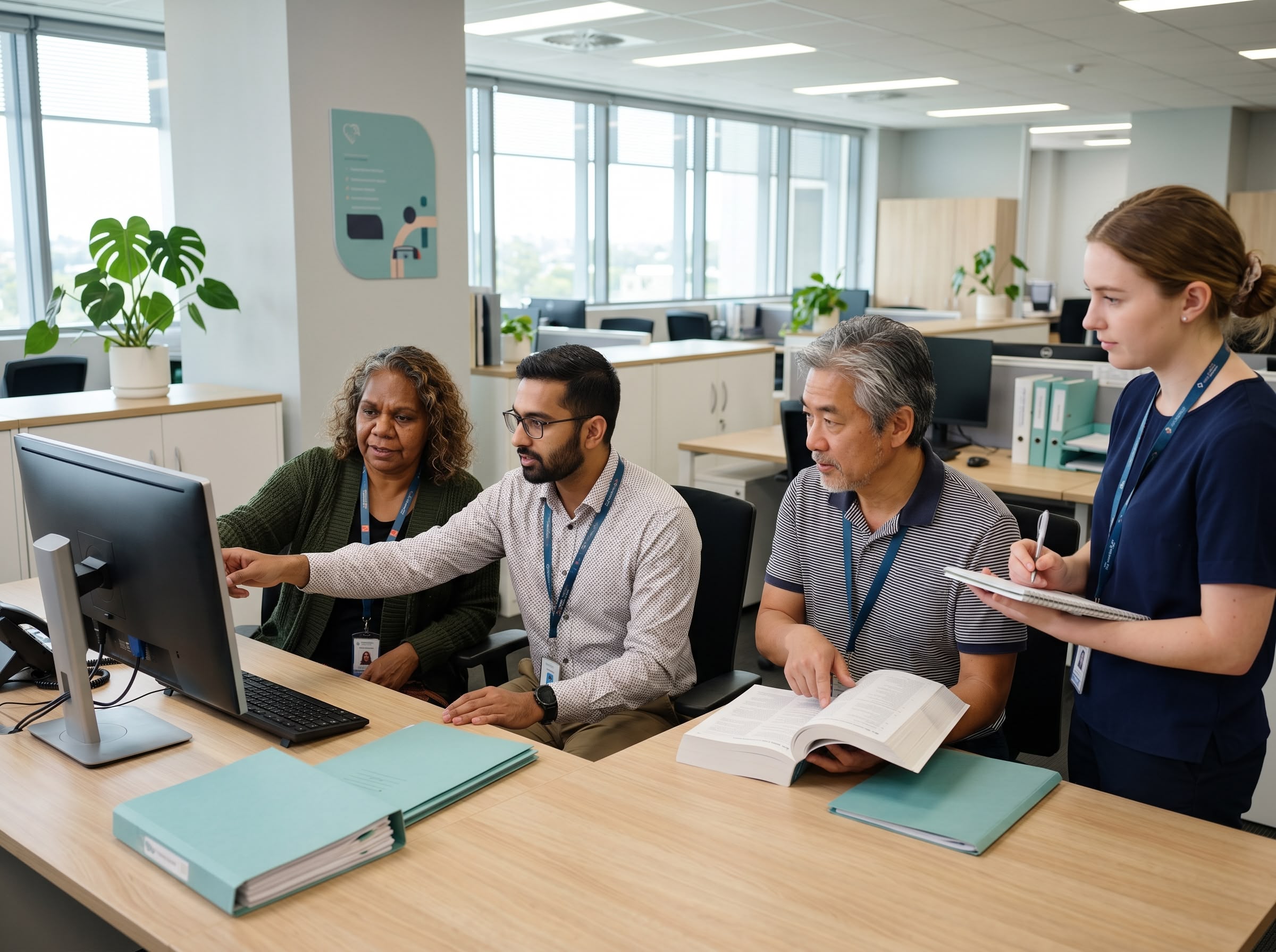 A diverse team of four Australian clinical coders collaborates around a workstation in a modern hospital health information department.