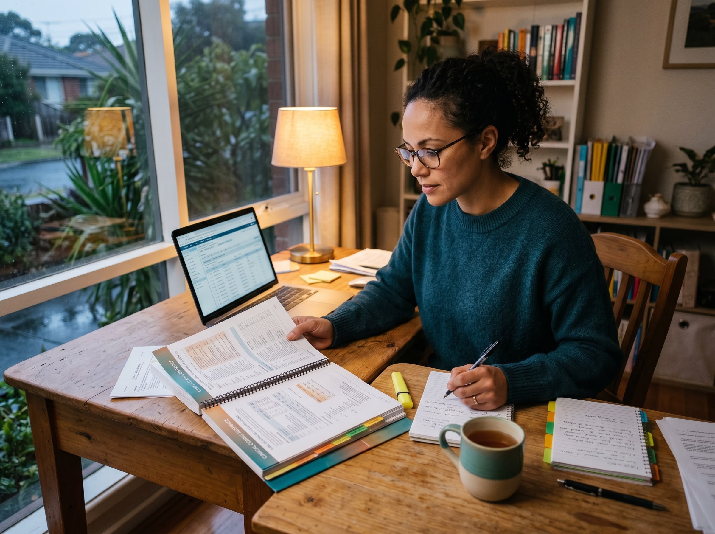 Clinical Coding Study Resources Hero Adult learner studying clinical coding at a warm-lit home desk with a reference manual, laptop, and study notes