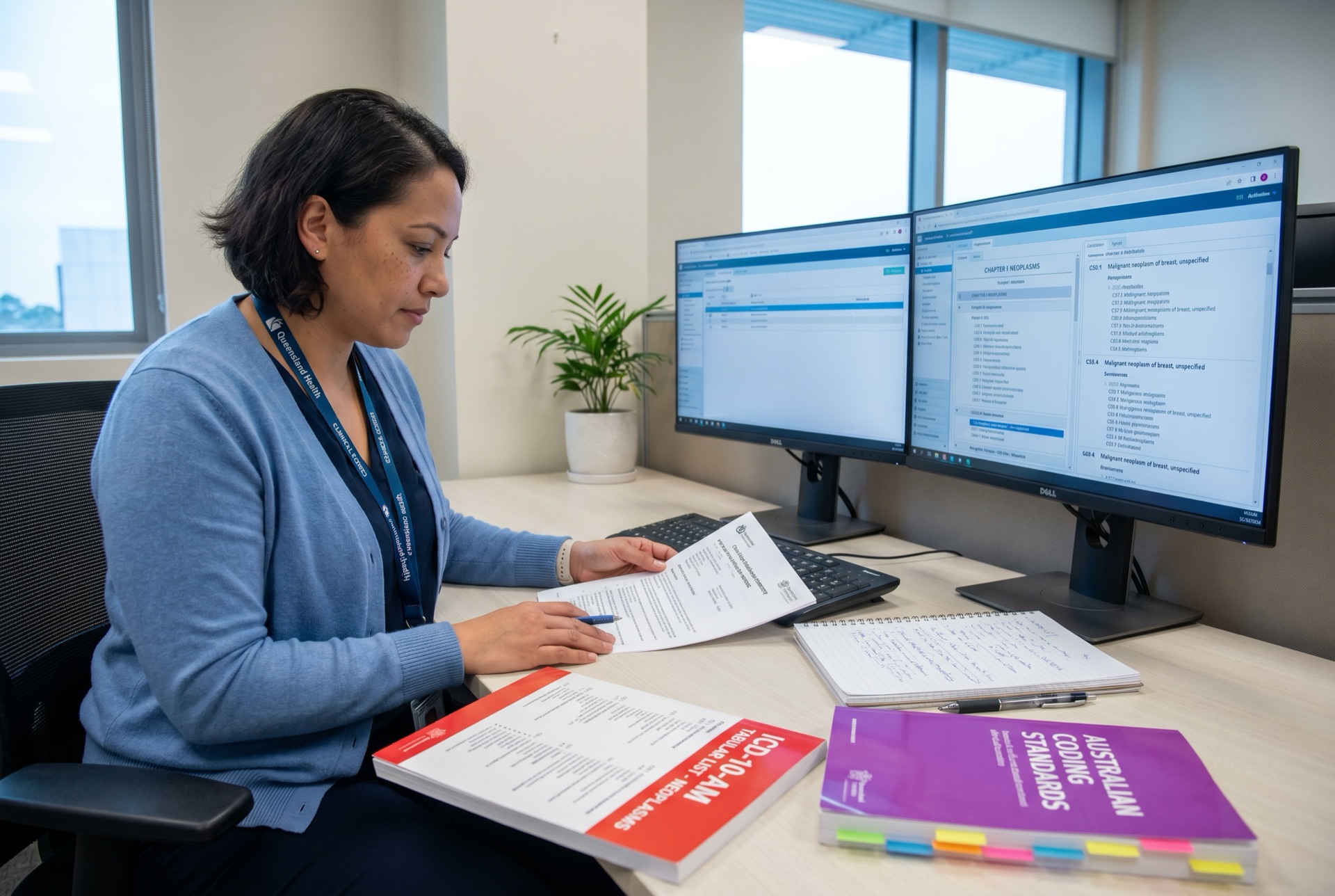 Clinical coder coding a cancer admission with the ICD-10-AM Tabular List open at the neoplasm chapter and the Australian Coding Standards open at the relevant standard