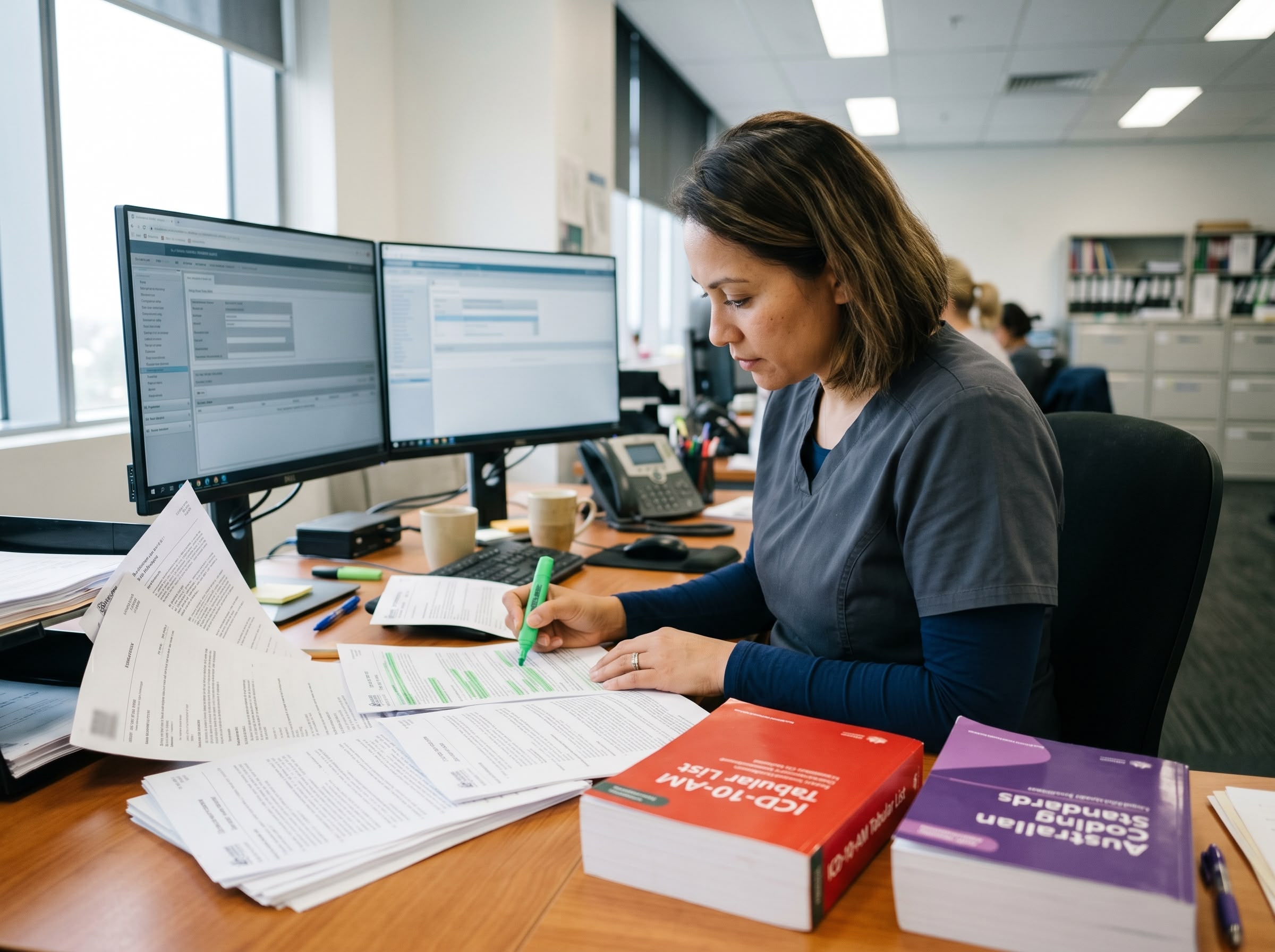 Clinical coder reviewing multiple pages of a patient medical record, highlighting sections for ACS 0002 additional diagnosis coding at a hospital coding workstation