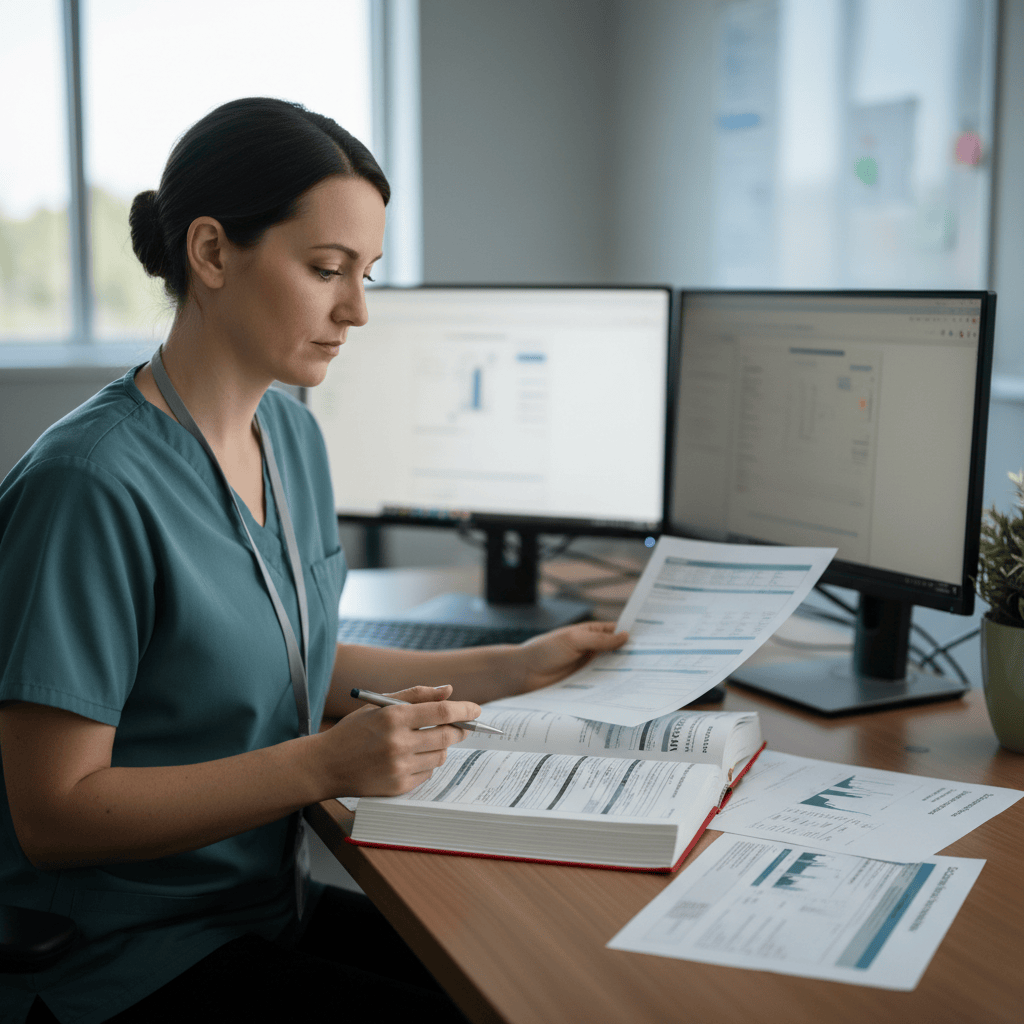 Coding infections in Australia hero image Australian clinical coder reviewing a discharge summary alongside the ICD-10-AM tabular list for infection coding