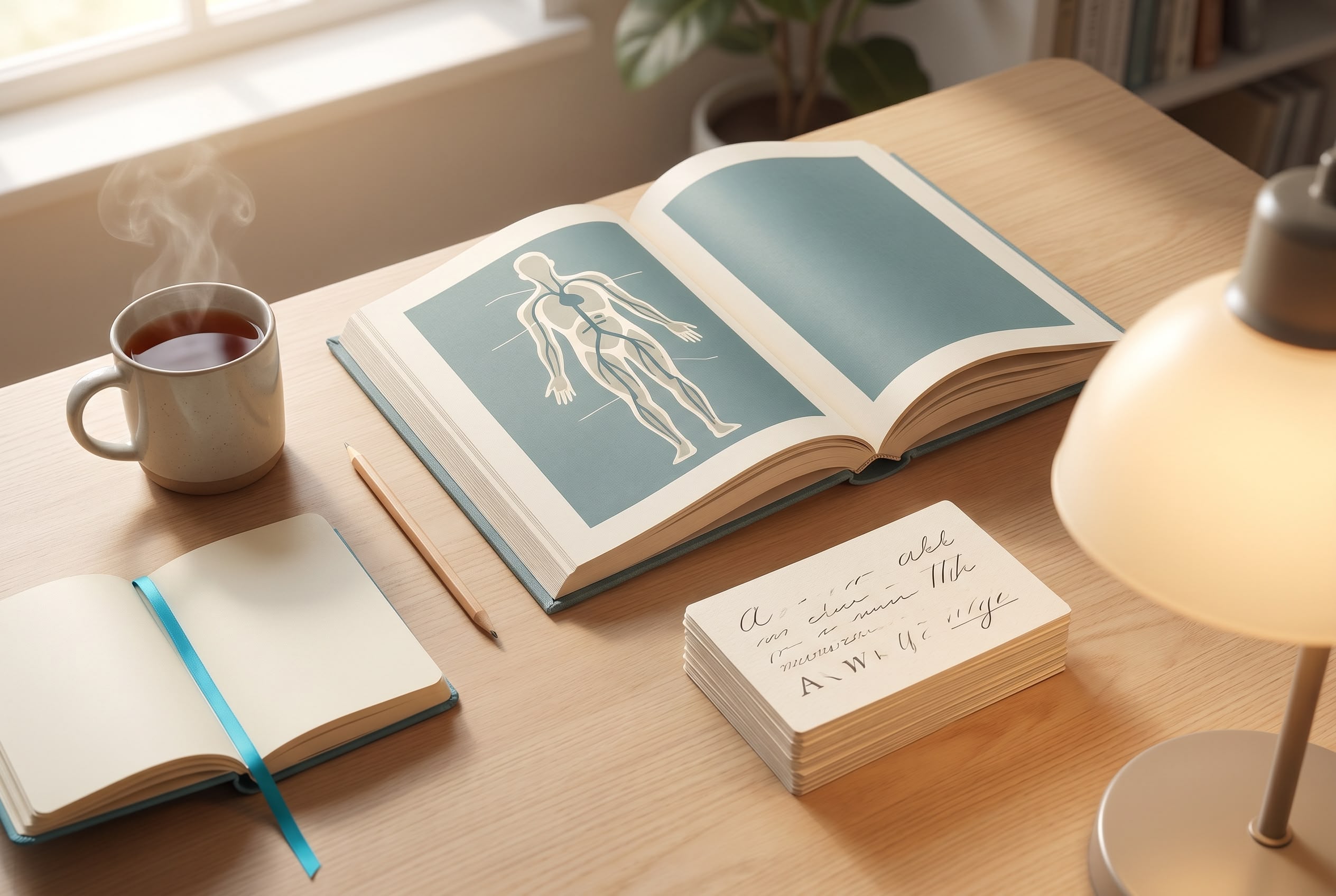 Medical prefixes and suffixes — student study desk Healthcare student desk: cream study cards, anatomy reference book and warm desk lamp arranged for medical terminology study.