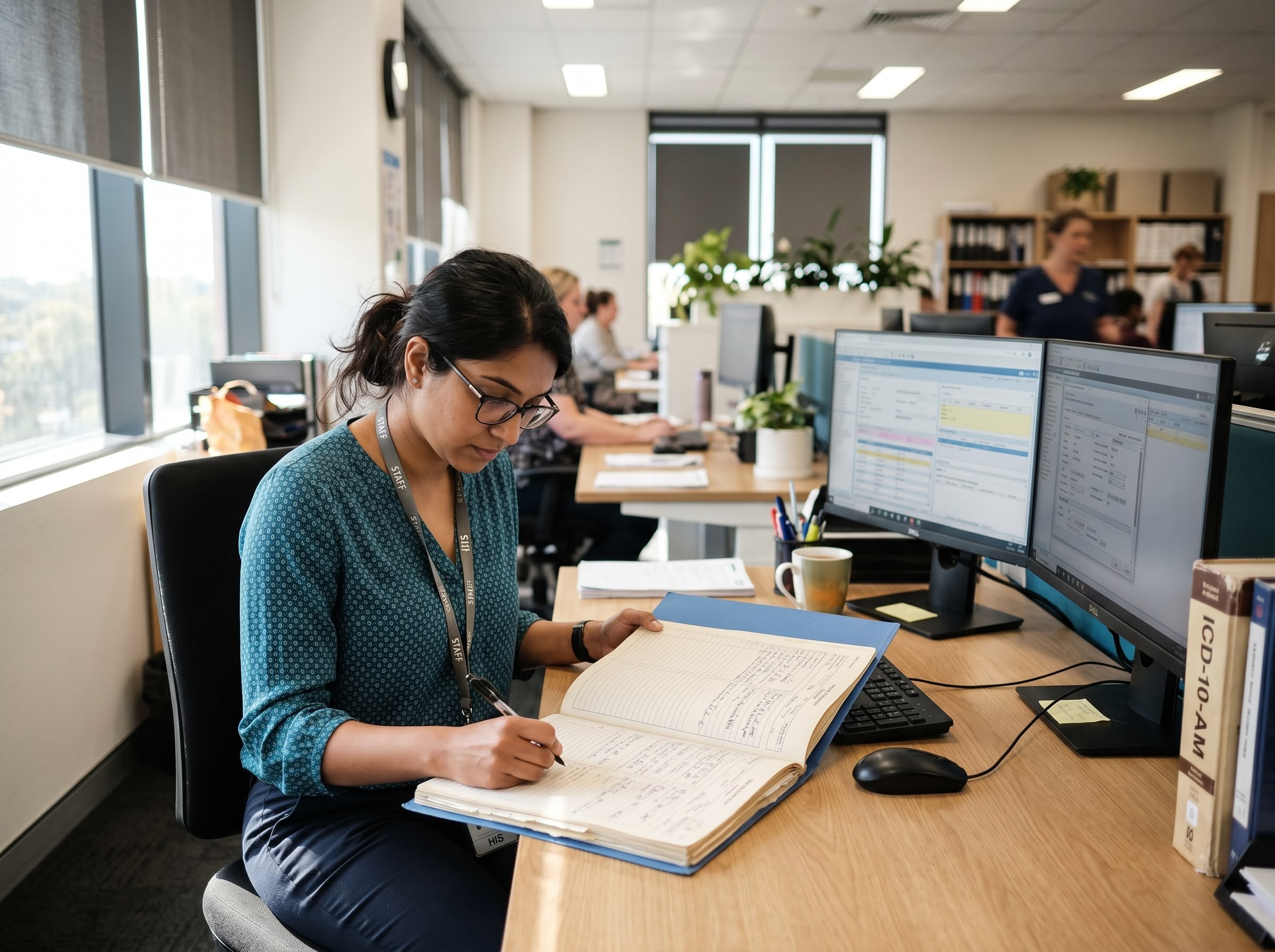 A Day in the Life of a Clinical Coder Clinical coder reviewing a patient chart beside dual monitors at a hospital desk in morning light