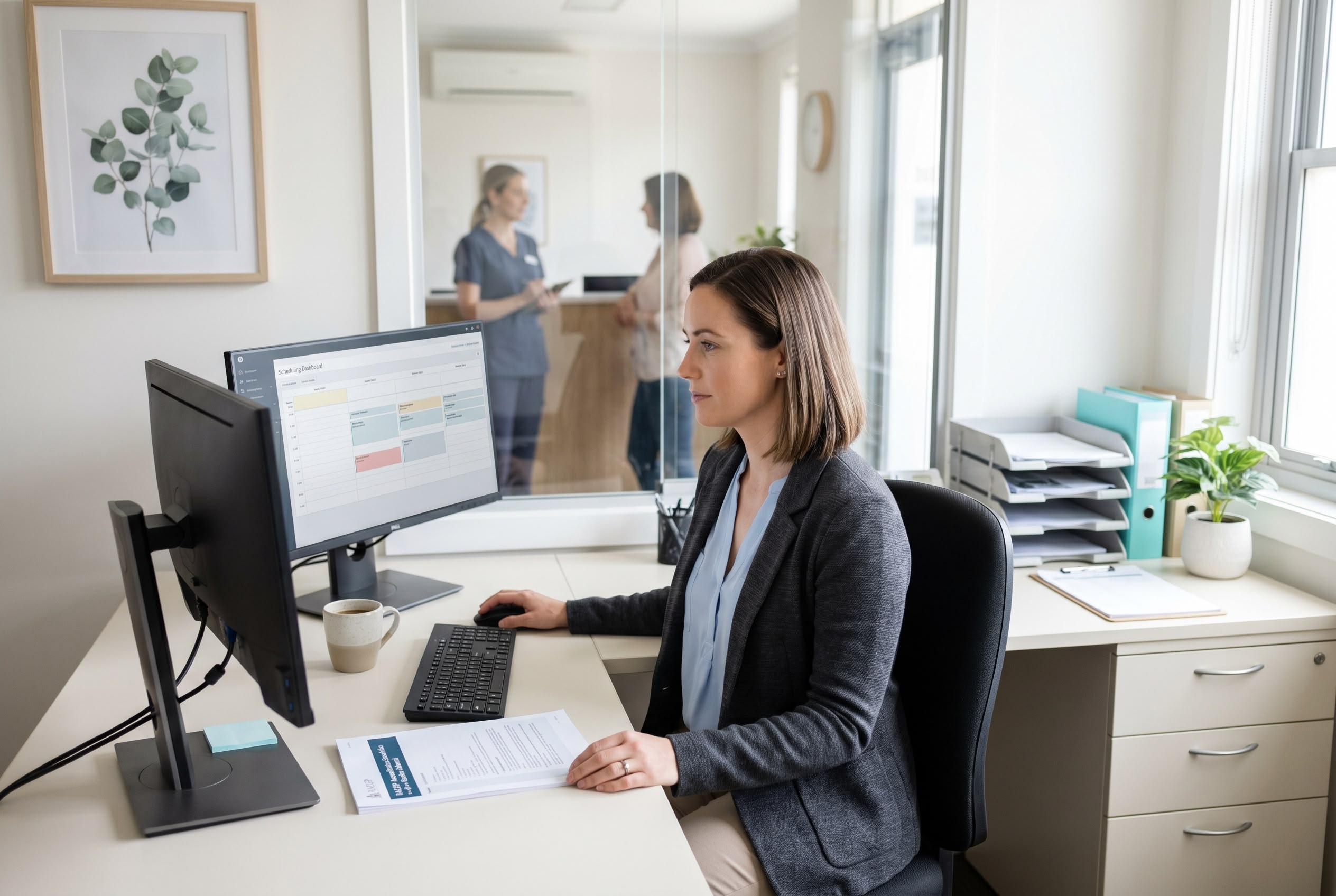 Day in the Life of an Australian Practice Manager Australian practice manager at her workstation reviewing a clinic roster and accreditation documents during a typical day in a busy general practice