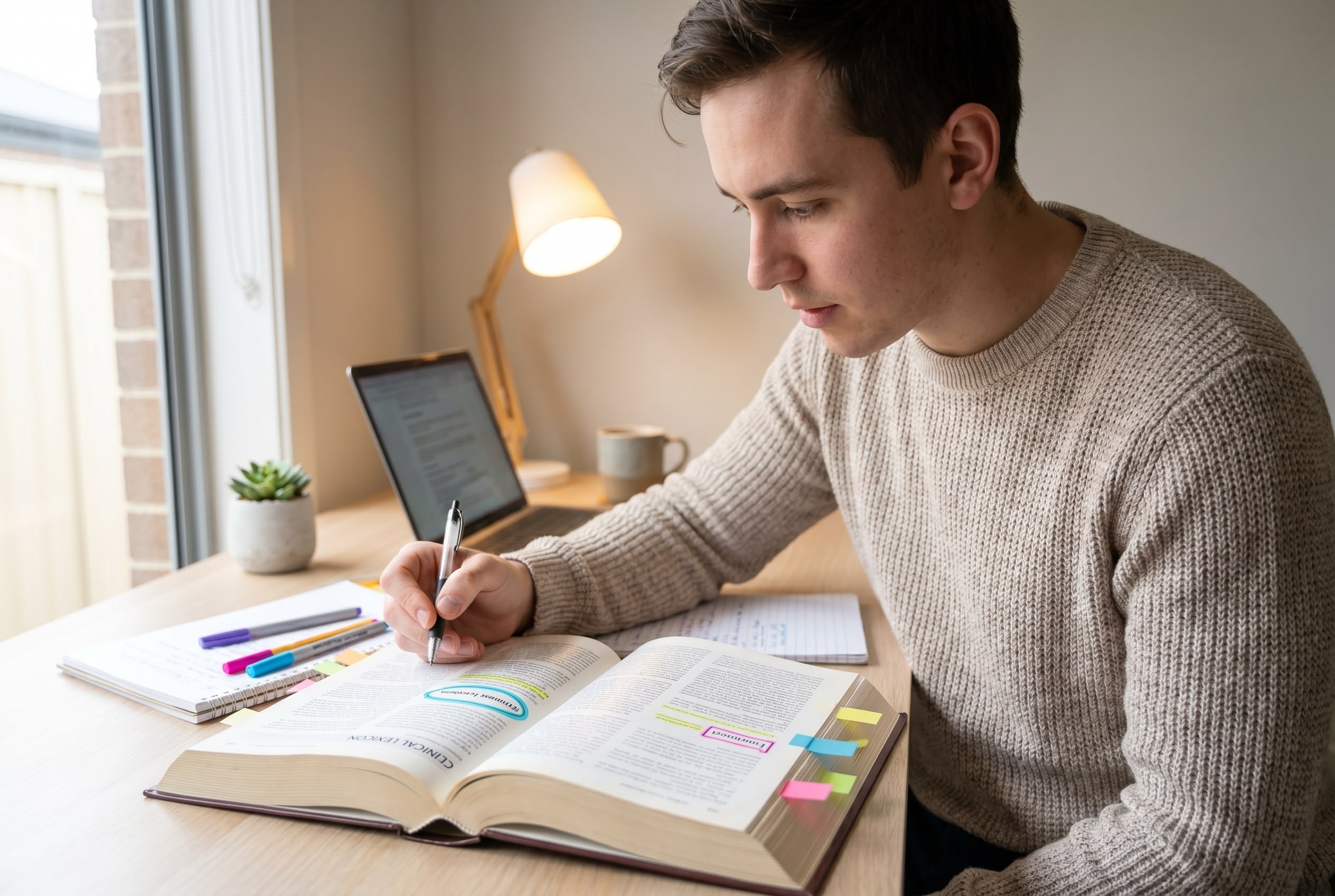Healthcare student decoding medical terminology by Greek and Latin word roots, annotating a textbook with colour-coded highlighters at a tidy home study desk in Australia.