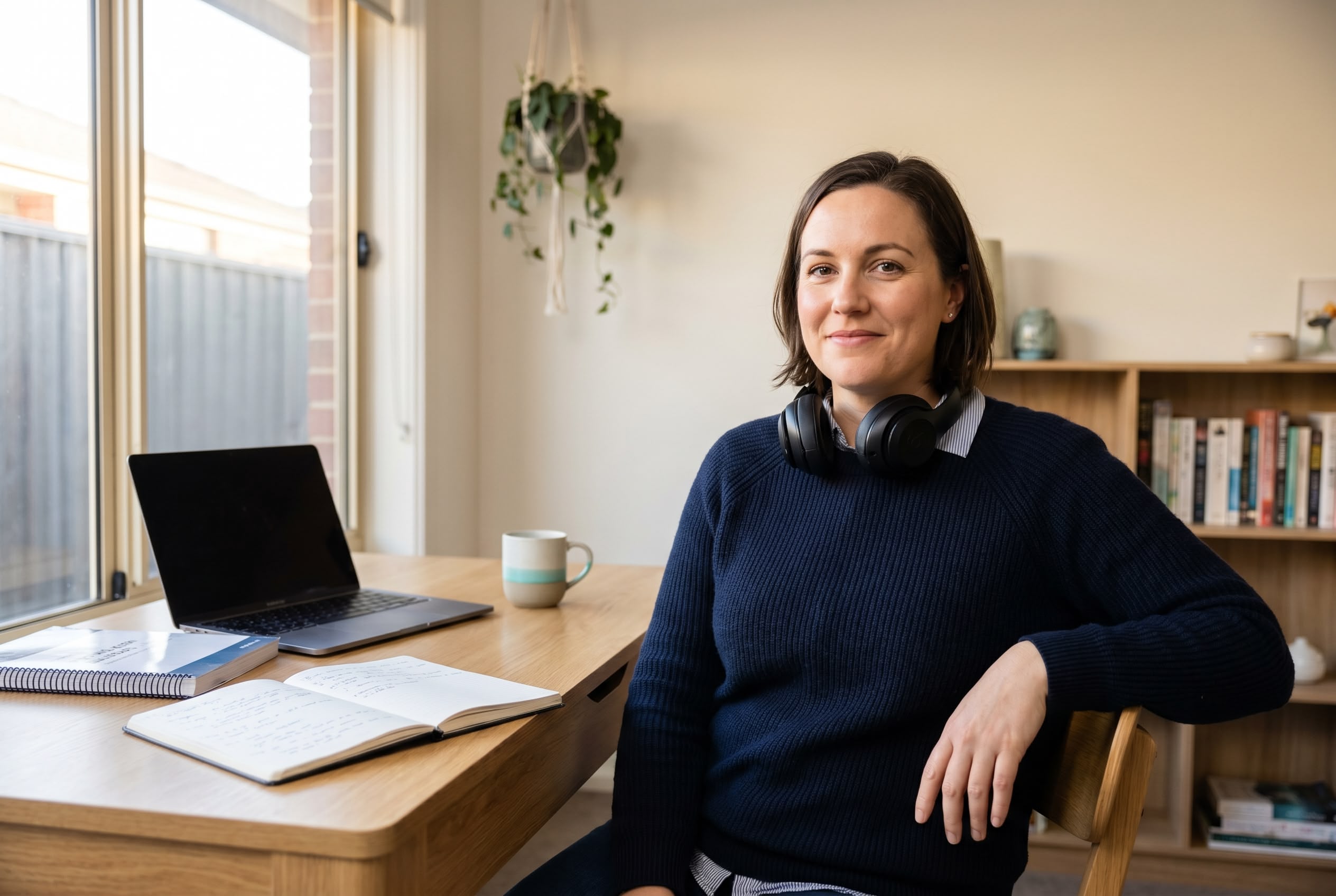 Aspiring Australian medical transcriptionist studying at her home workstation with headphones and laptop