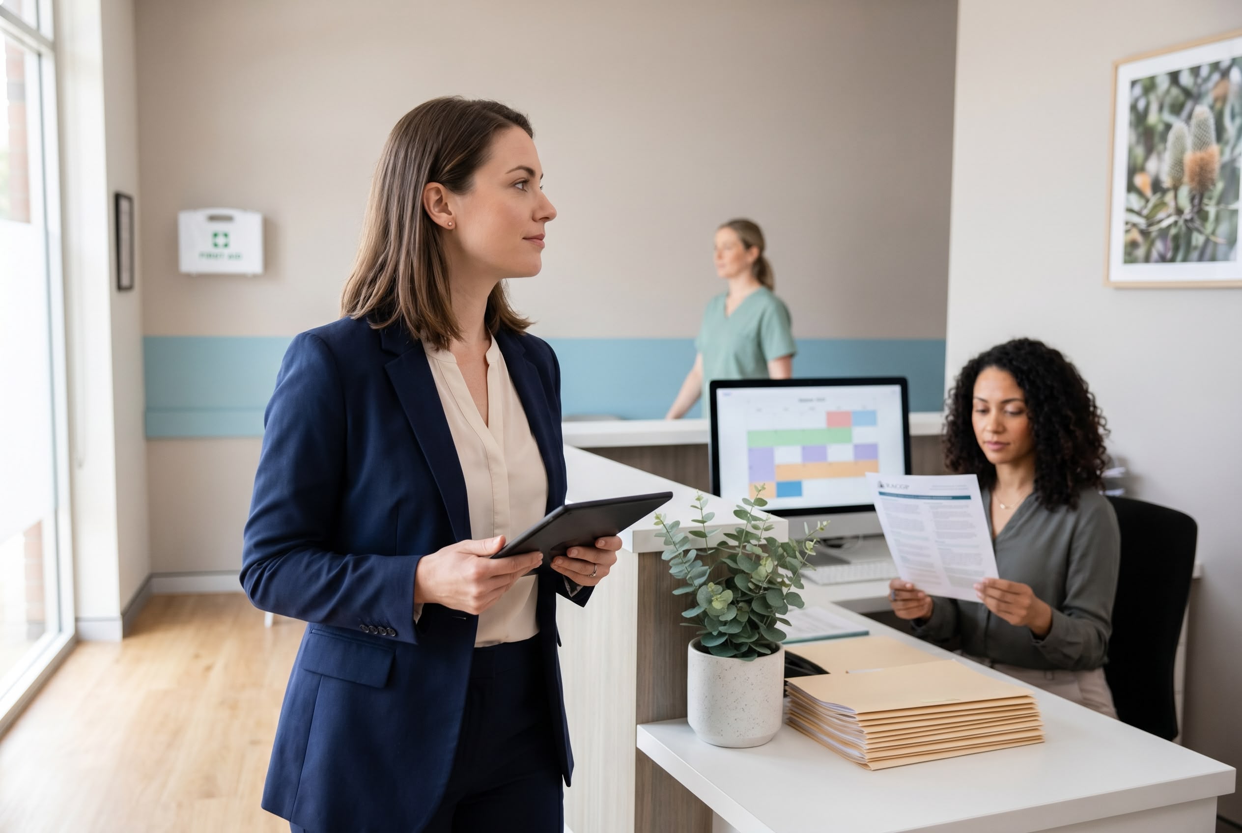 How to become a practice manager in Australia Aspiring Australian practice manager at a modern medical clinic reception, ready to brief the team. HLT57715 Diploma of Practice Management.
