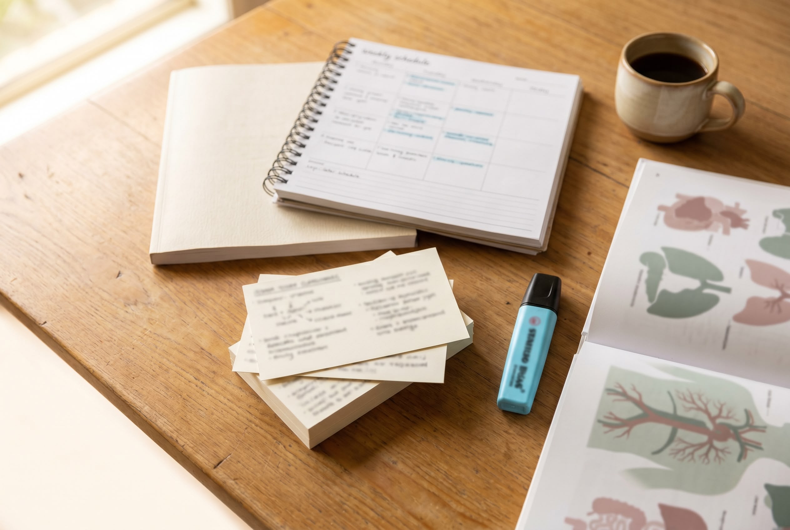 Active medical terminology study desk with paper flashcards mid-shuffle, anatomy reference book, study planner, and highlighter in warm natural Australian light