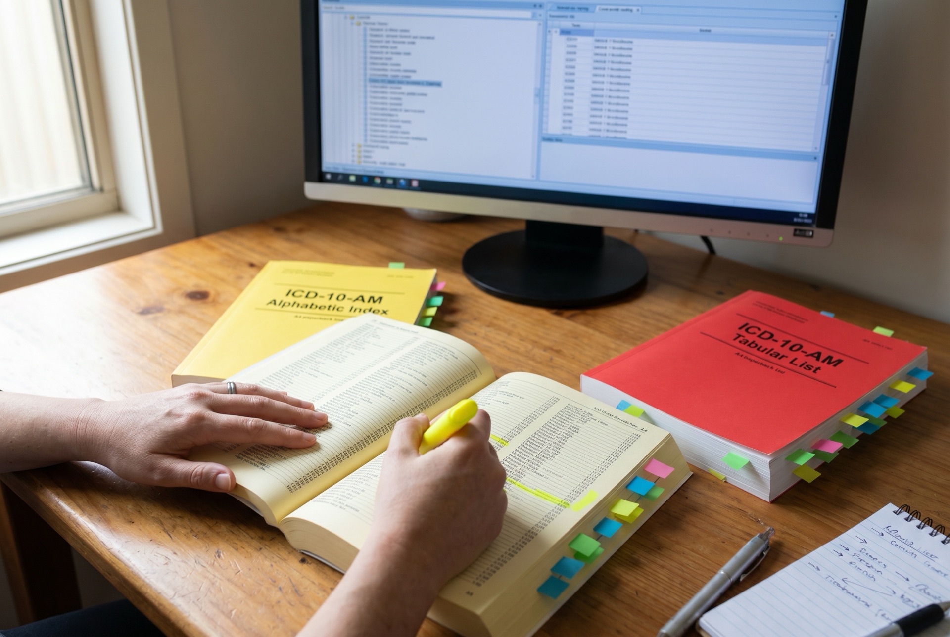 ICD-10-AM explained: how the Australian diagnosis classification works Clinical coder using a yellow highlighter on the open ICD-10-AM Alphabetic Index paperback beside the closed red ICD-10-AM Tabular List, with coding software on the monitor