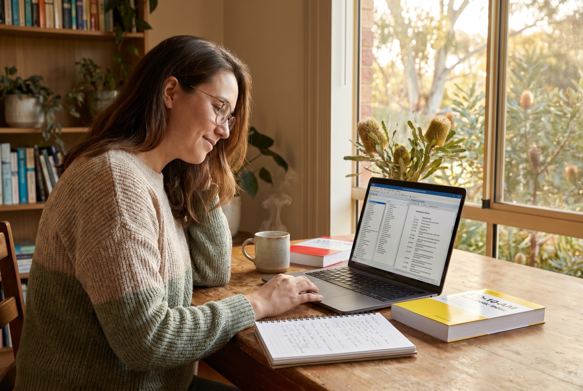 Woman in home study considering a clinical coding career, with ICD-10-AM Alphabetic Index and Tabular List paperback workbooks and a laptop showing coding software