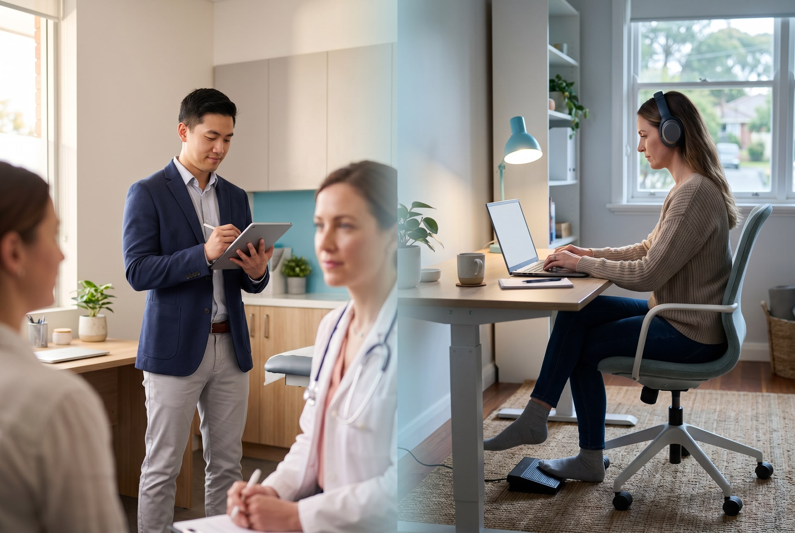 A medical scribe documents a patient consultation in real time alongside a doctor in a modern Australian clinic, while a medical transcriptionist works asynchronously from dictation recordings in a calm home office, illustrating the two parallel healthcare documentation careers.