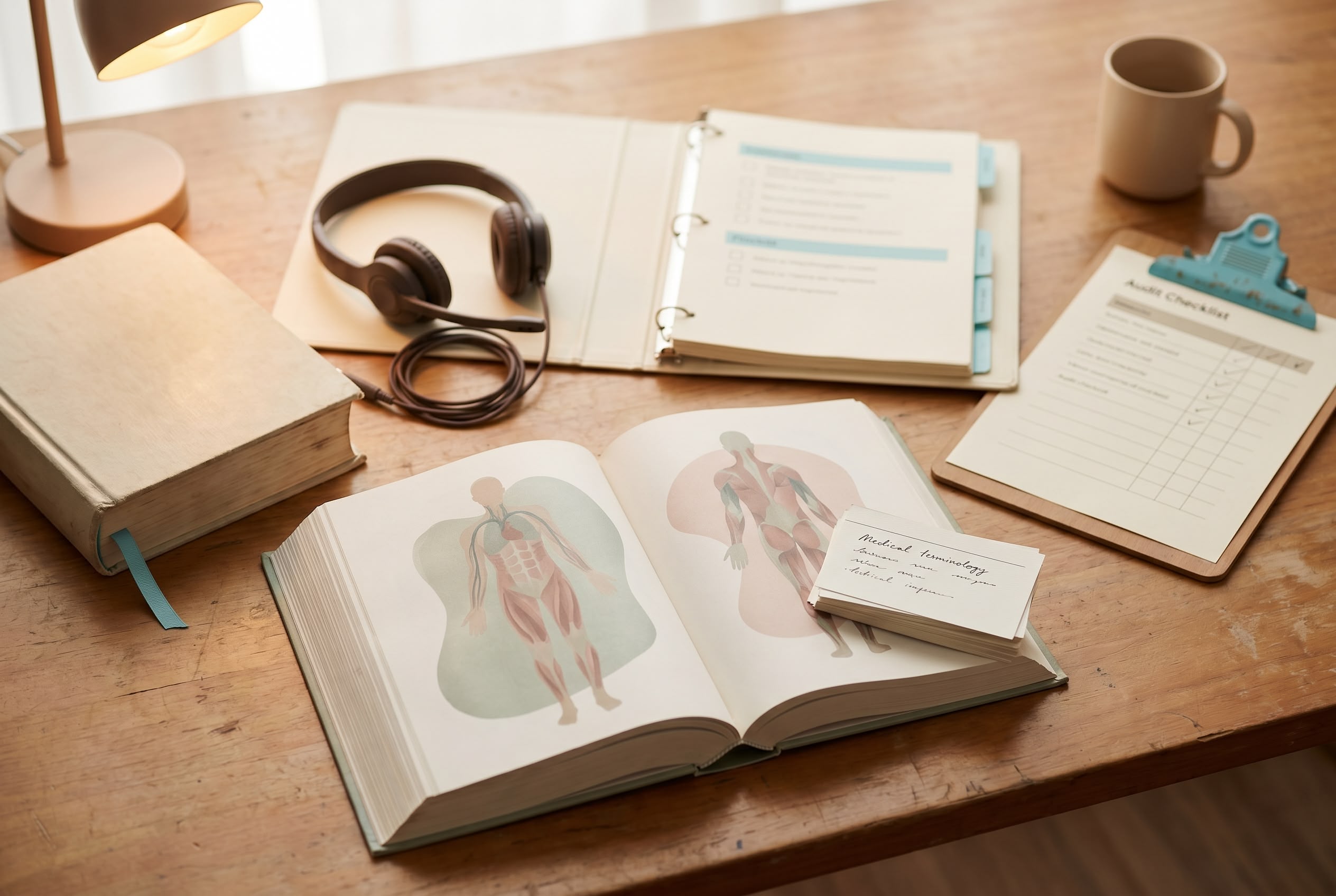 Medical Terminology for Healthcare Careers — TalentMed Australian healthcare student desk showing medical terminology foundation foundation flashcards and anatomy book with four career pathway materials clinical coding manual transcription headset practice management binder and quality auditing clipboard fanned behind