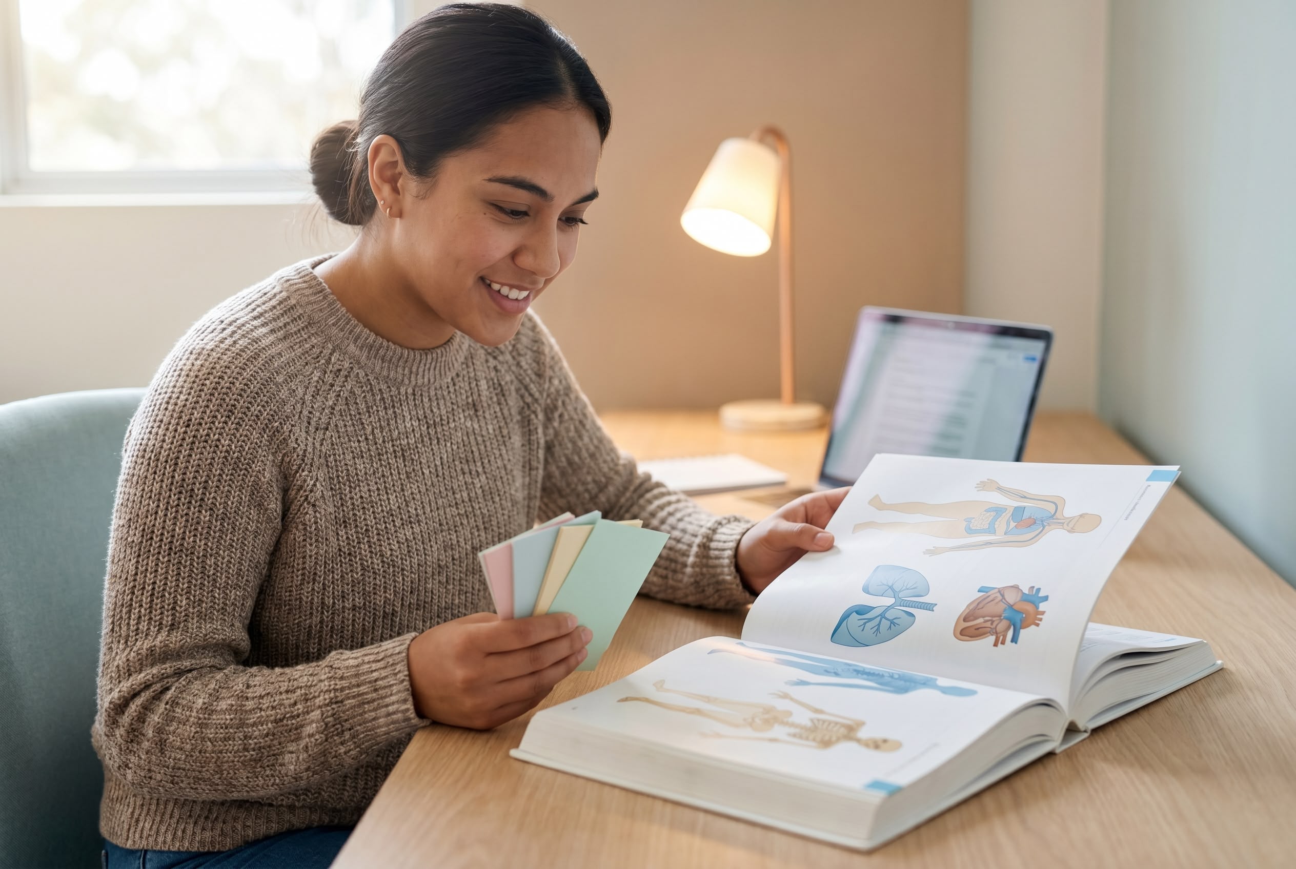 Medical terminology in Australia complete reference guide hero Australian medical terminology student studying with anatomy textbook, flashcards and laptop, learning prefixes, roots and suffixes for healthcare careers