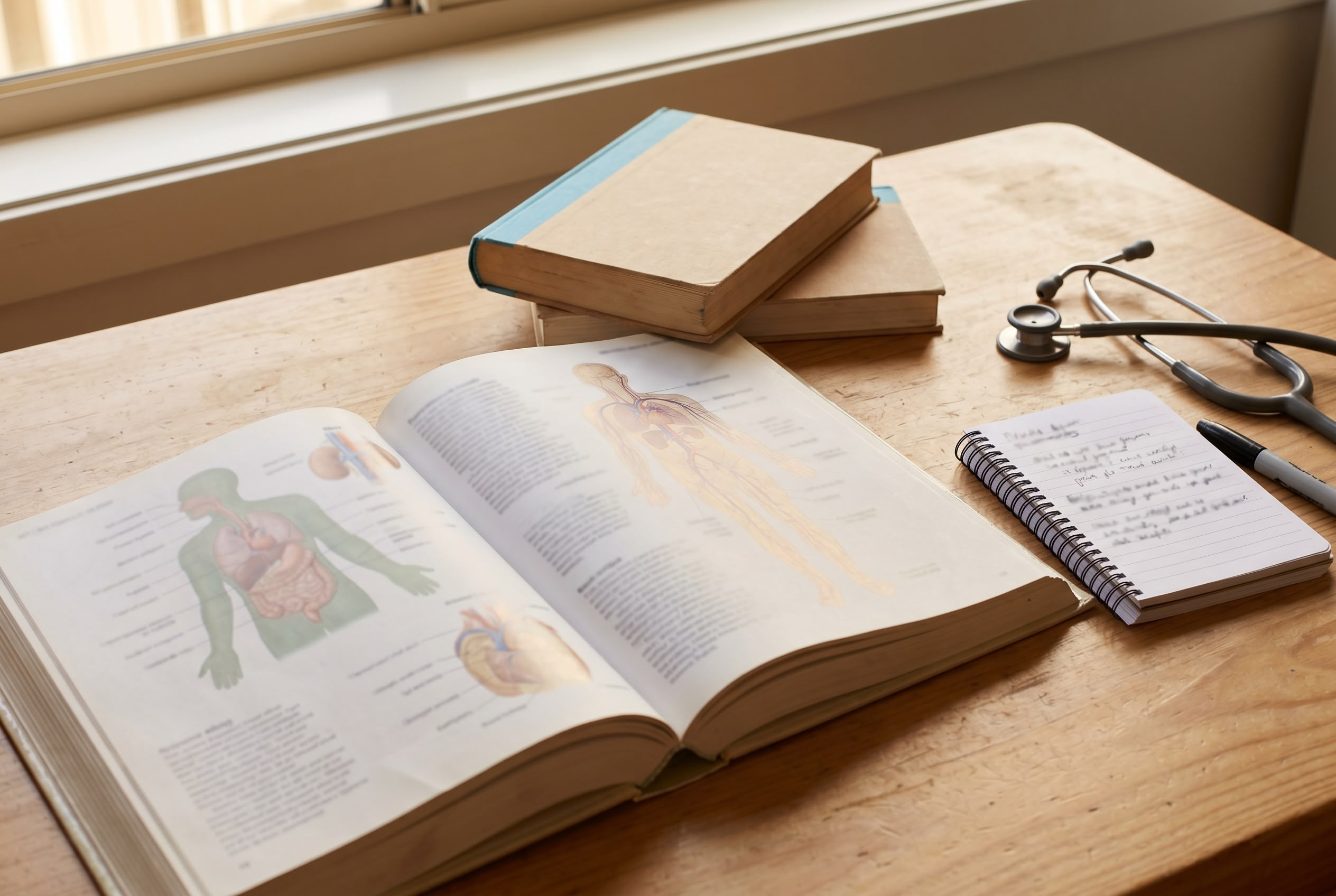 Medical Terms by Body System: A Complete Reference Healthcare student desk with anatomy atlas open to body systems, terminology textbook and notebook in soft afternoon light, illustrating medical terms by body system