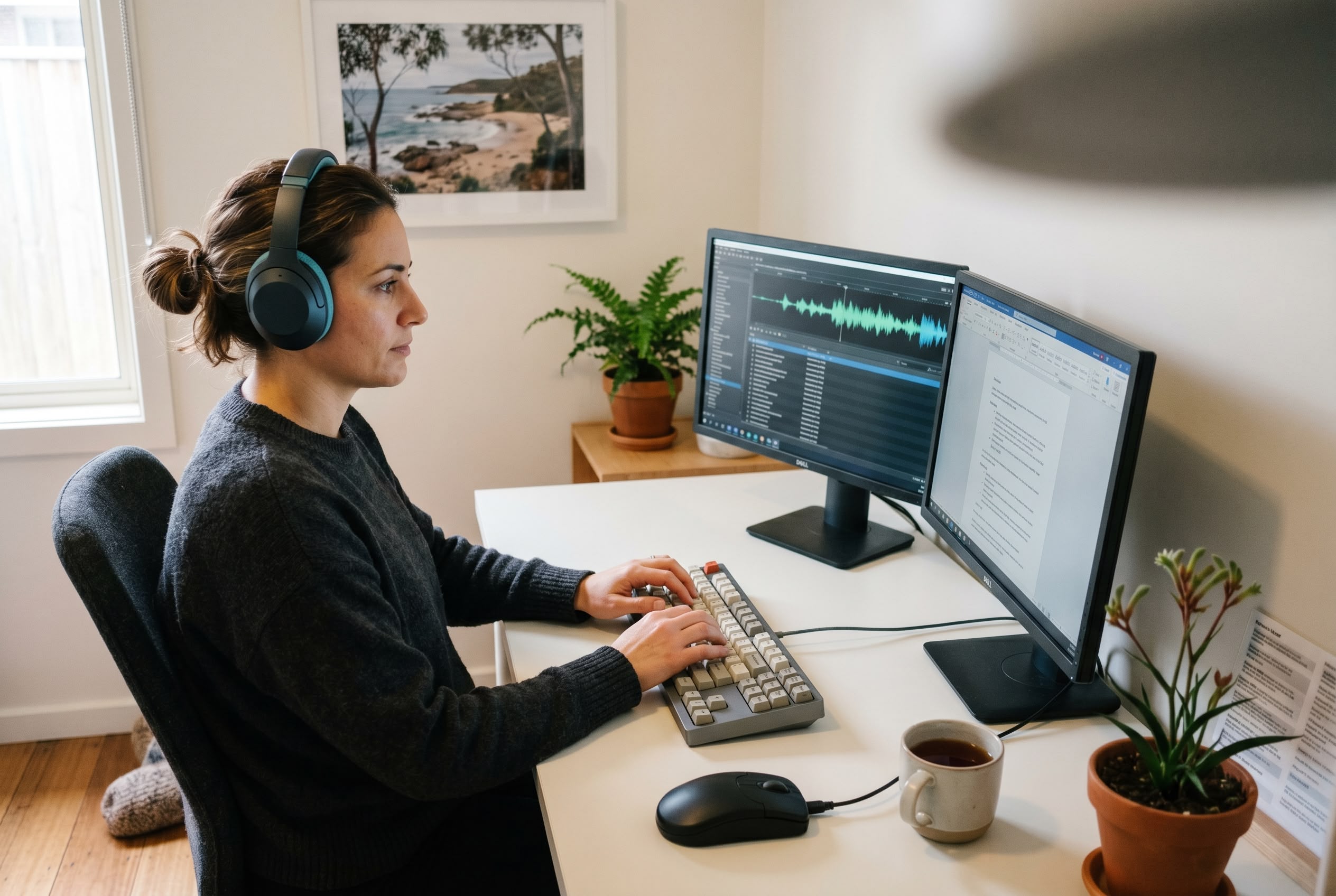 Australian medical transcriptionist working from a tidy home office with headphones and USB foot pedal, transcribing dictated medical reports from a queue.
