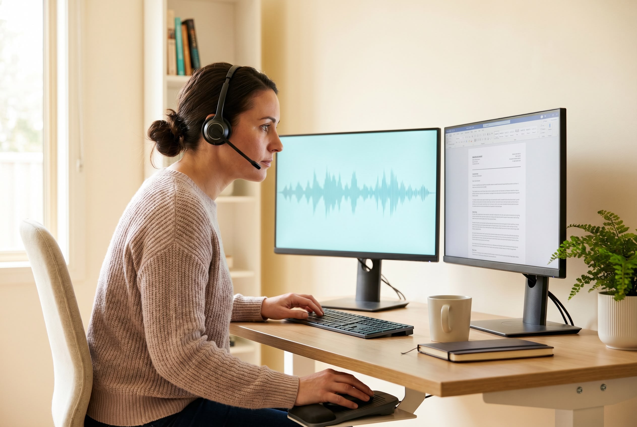 Australian medical transcriptionist working at a modern home workstation with headphones, dual monitors and dictation software. Professional healthcare documentation environment.