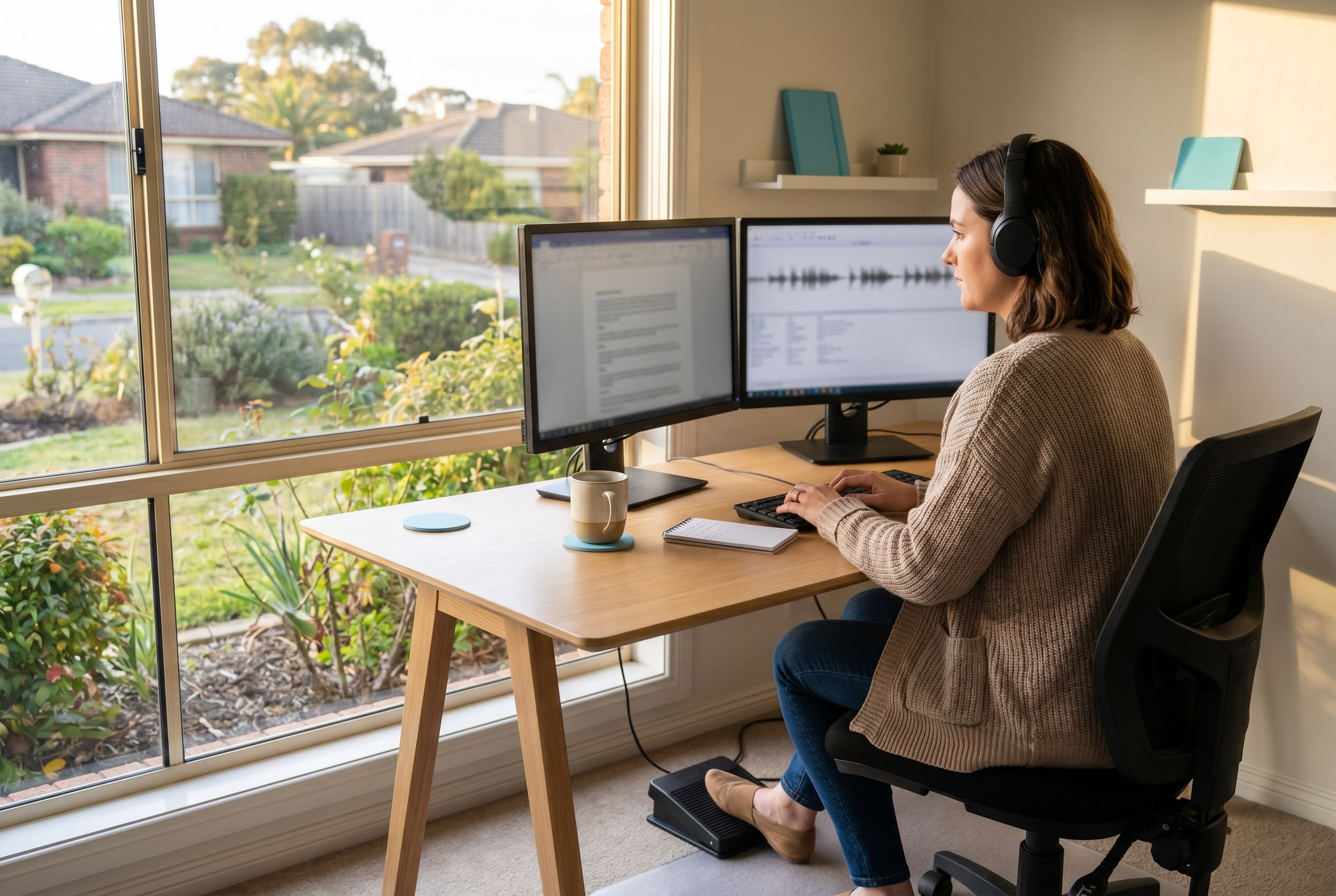 Medical Transcriptionist Salary Australia 2026 Medical transcriptionist working from a tidy Australian home office with professional headphones and dual screens, illustrating medical transcription pay and career path