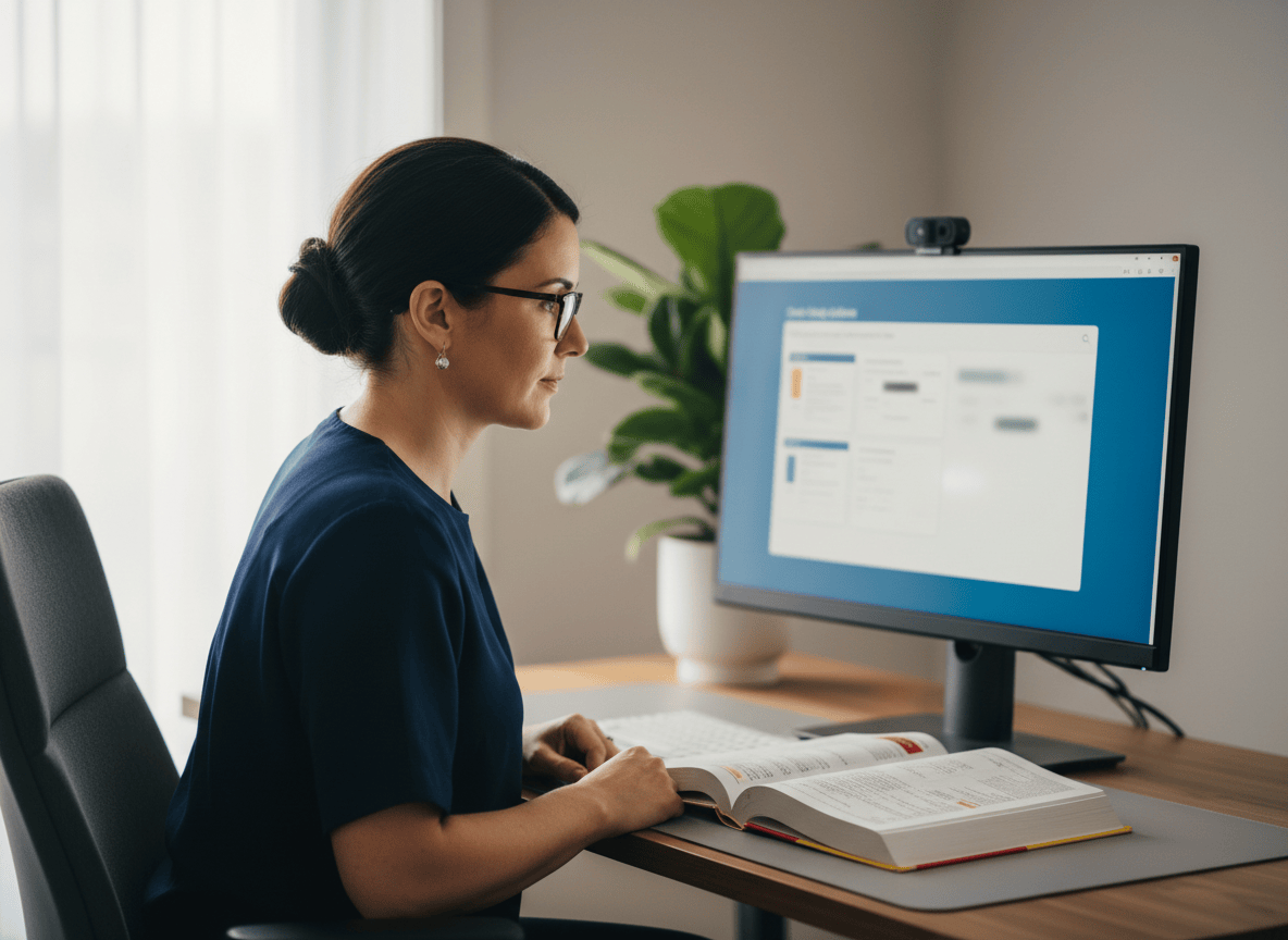 Australian clinical coder referencing National Coding Advice on a home office desktop with ICD-10-AM book beside her