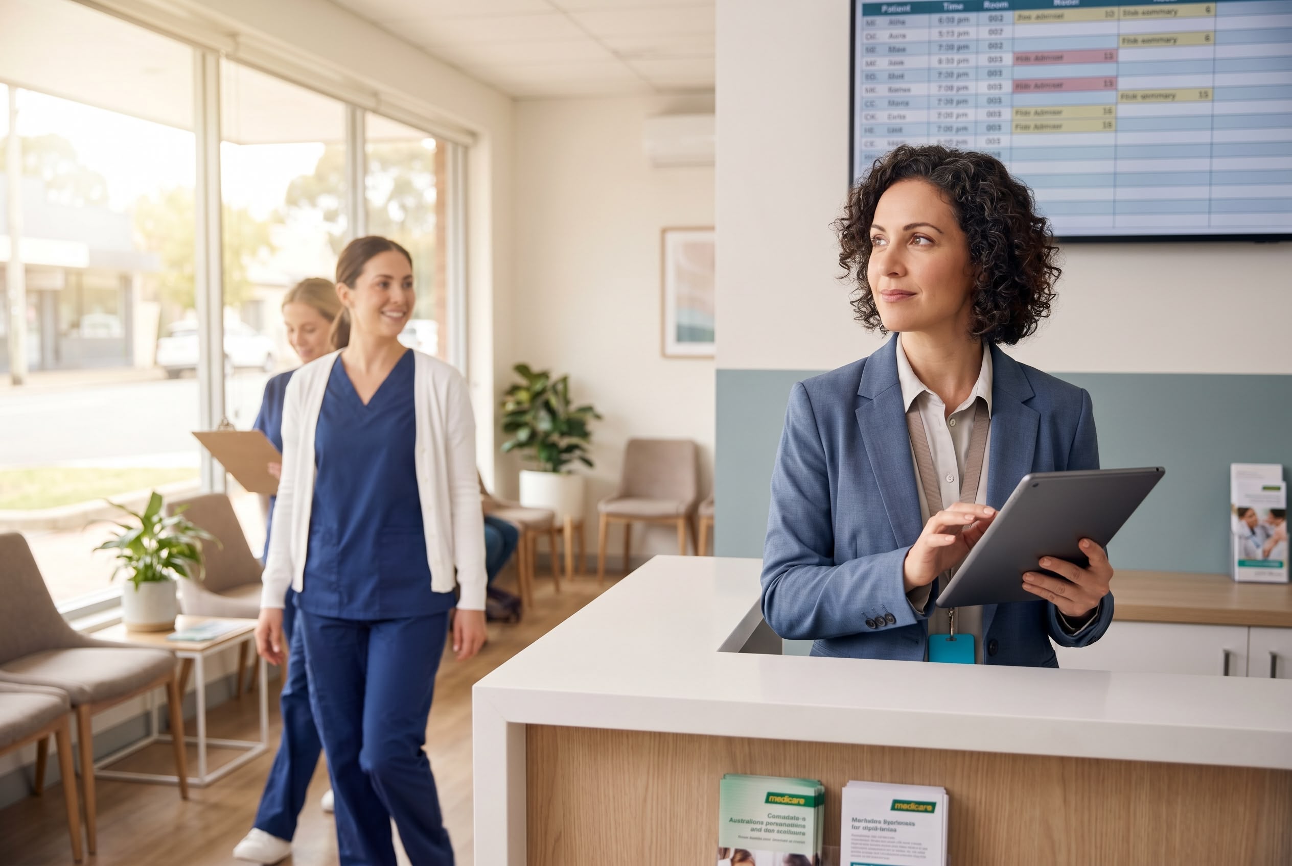 Practice manager at a modern Australian GP clinic reception, holding tablet with appointment schedule Practice manager in a modern Australian general practice clinic reviewing the day's appointment schedule on a tablet, with reception team and patient flow board visible in the background.