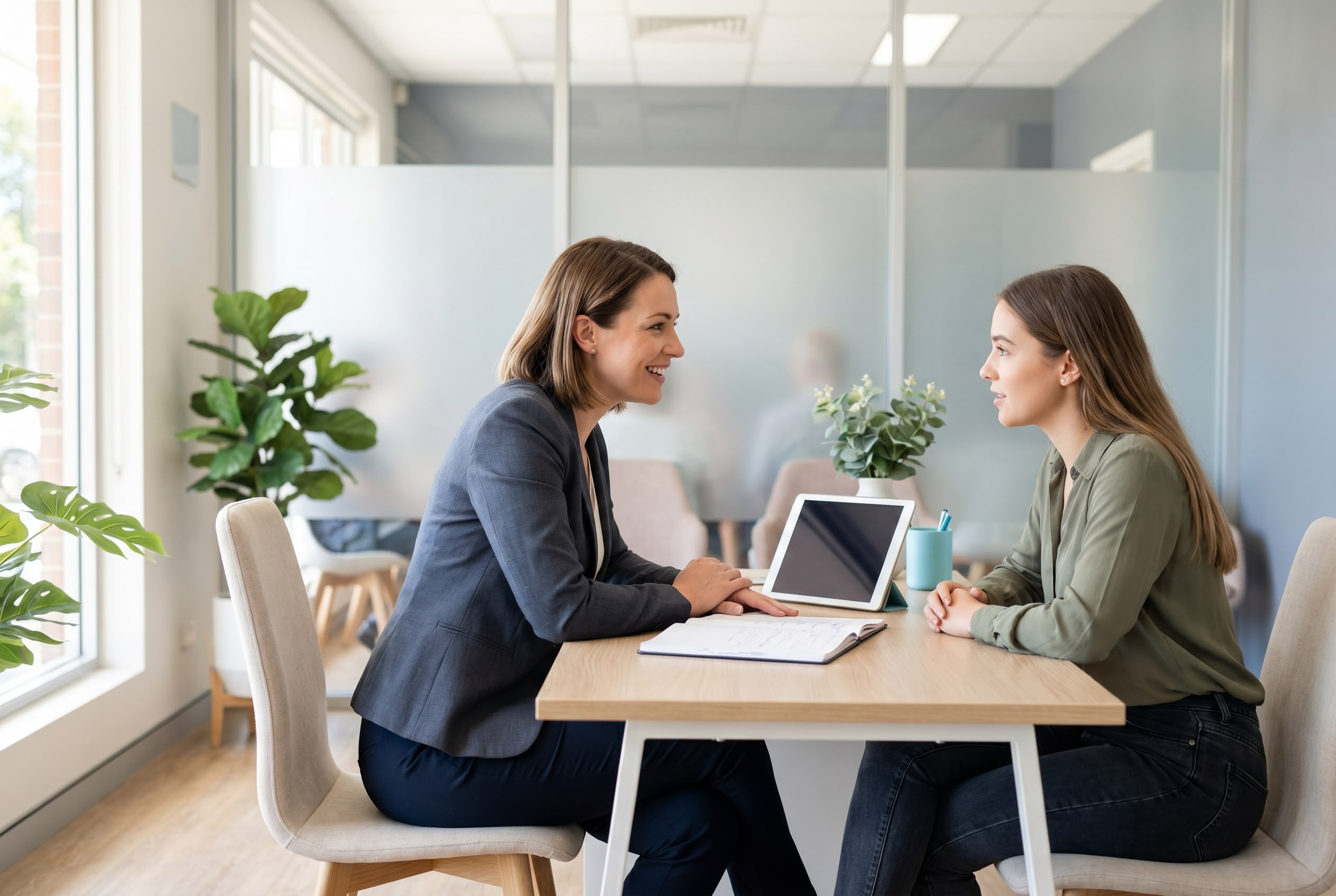 Practice manager interviewing a candidate at the reception desk of a modern Australian medical clinic
