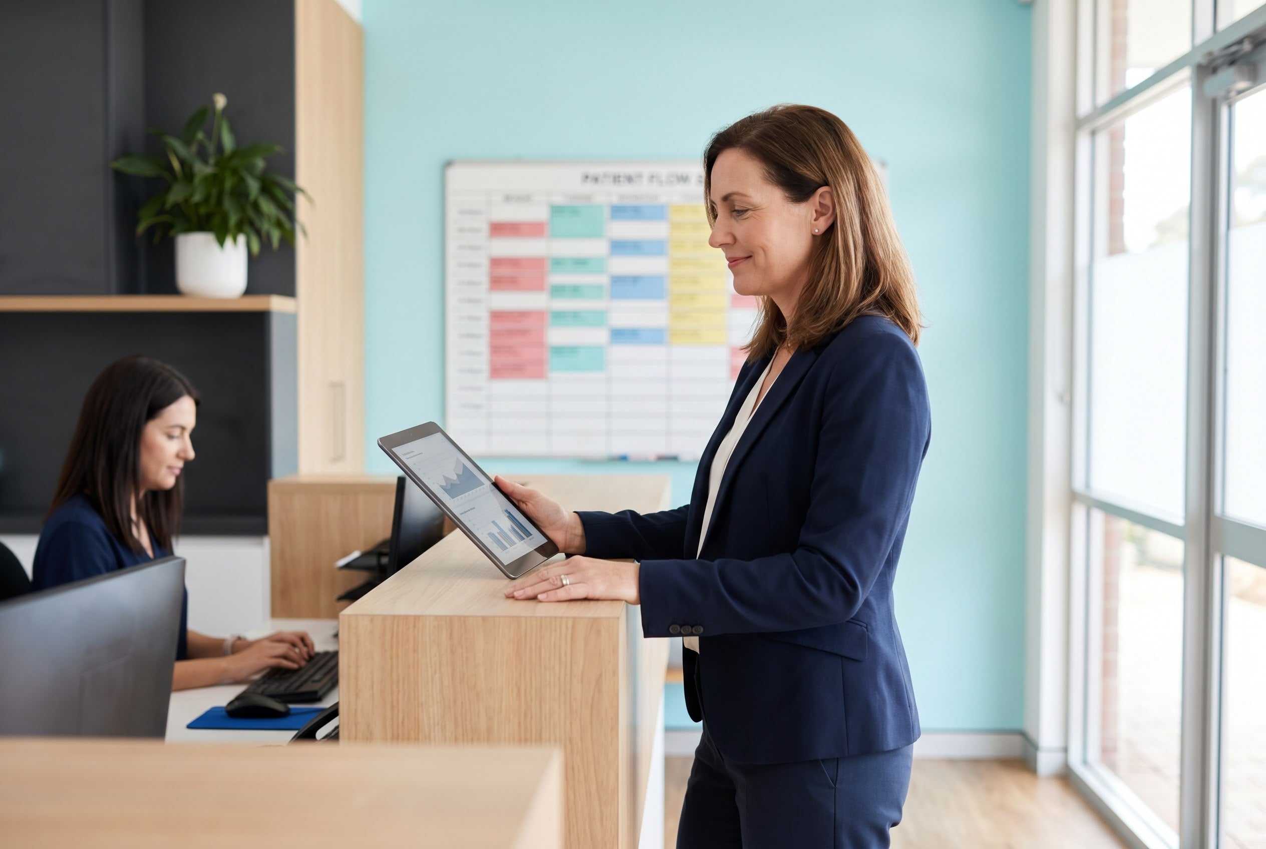 Australian medical practice manager reviewing financial reports on a tablet at a modern GP clinic reception