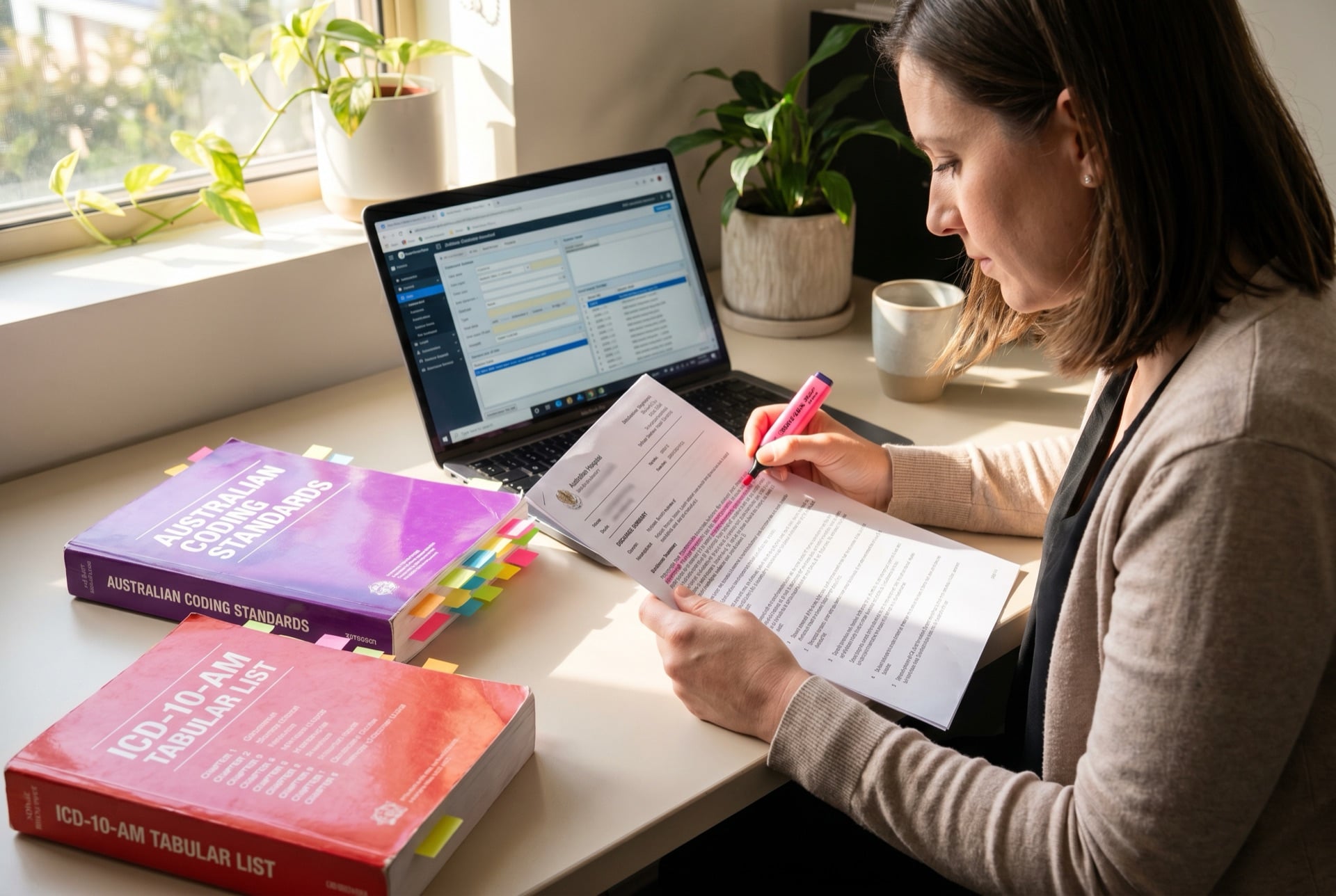 Clinical coder applying the Australian Coding Standards ACS 0001 to select principal diagnosis from a discharge summary