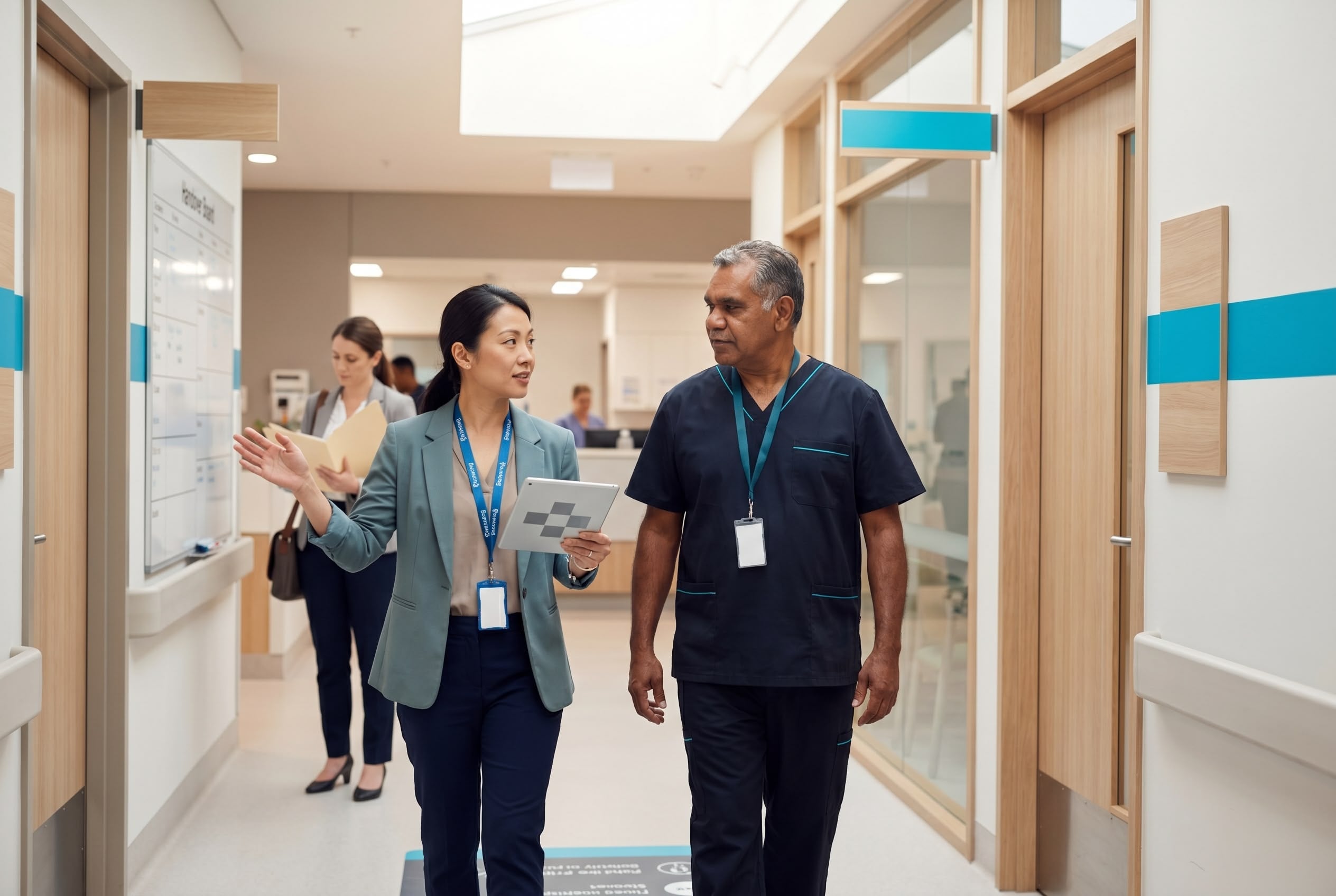 Healthcare quality auditor reviewing an audit checklist on tablet during an Australian hospital corridor walkthrough with a clinical lead