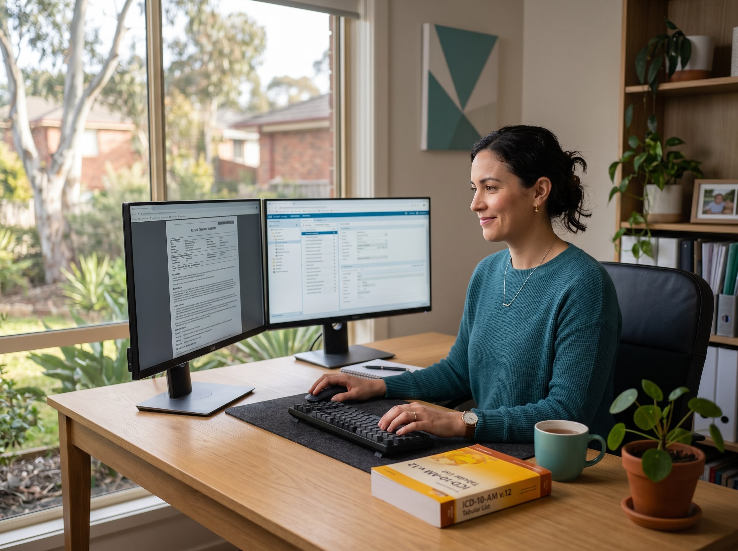 Remote clinical coding in Australia Remote clinical coder working from a home office with dual monitors, ICD-10-AM reference book and natural light, in suburban Australia.