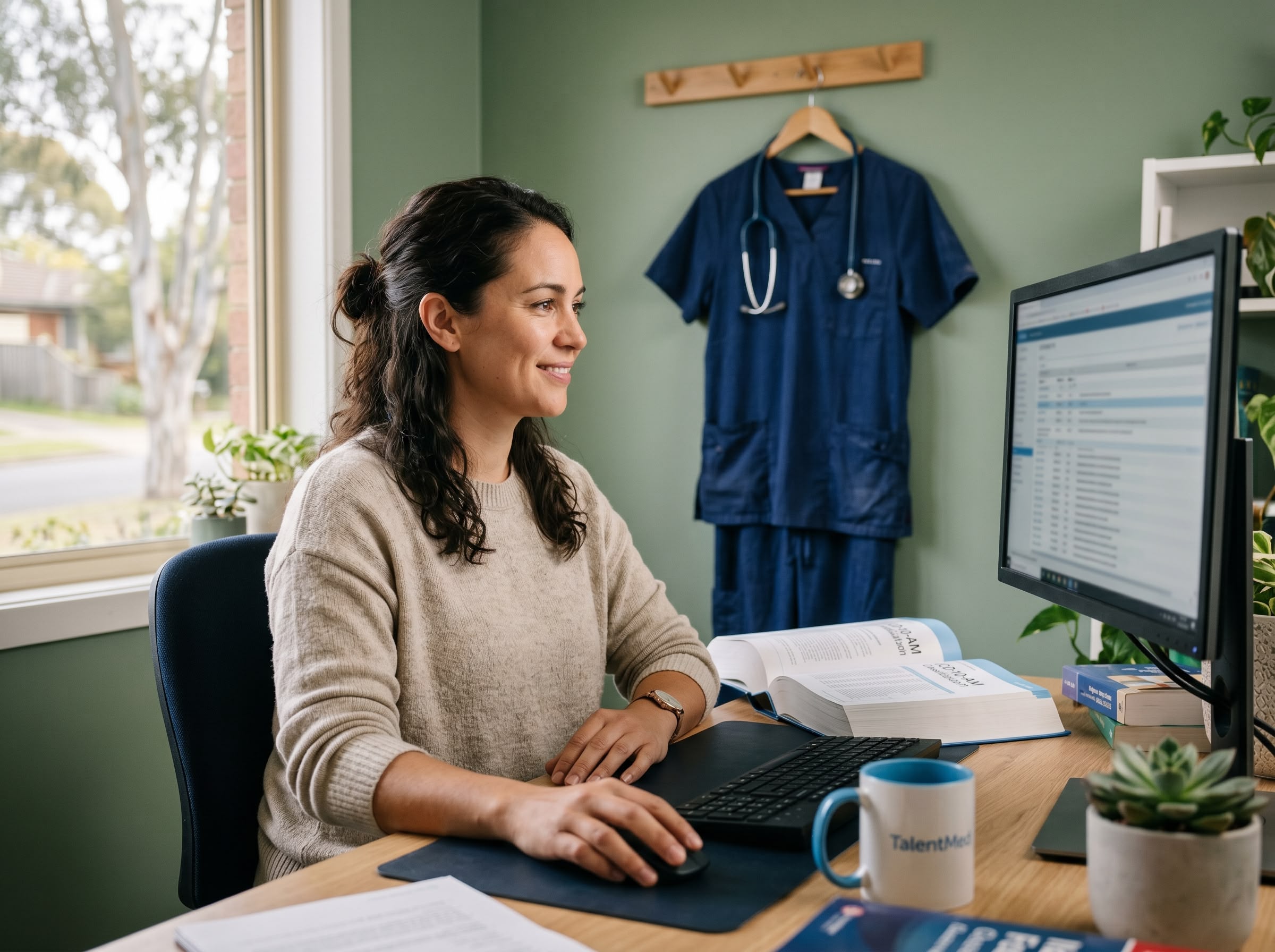 Former registered nurse working as a clinical coder at a home desk, scrubs hanging in background, Australian context